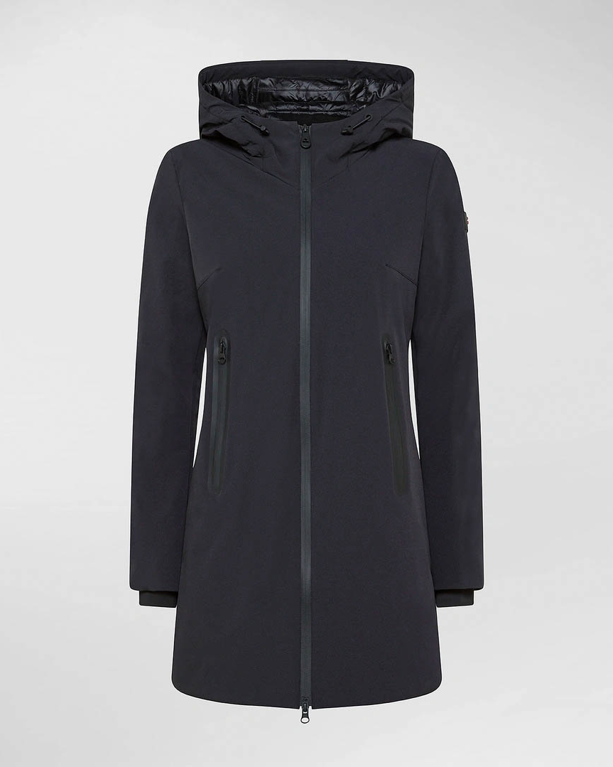 Giaccone midi Telia Peuterey nero in tessuto stretch imbottito liscio opaco con cappuccio e chiusura zip
