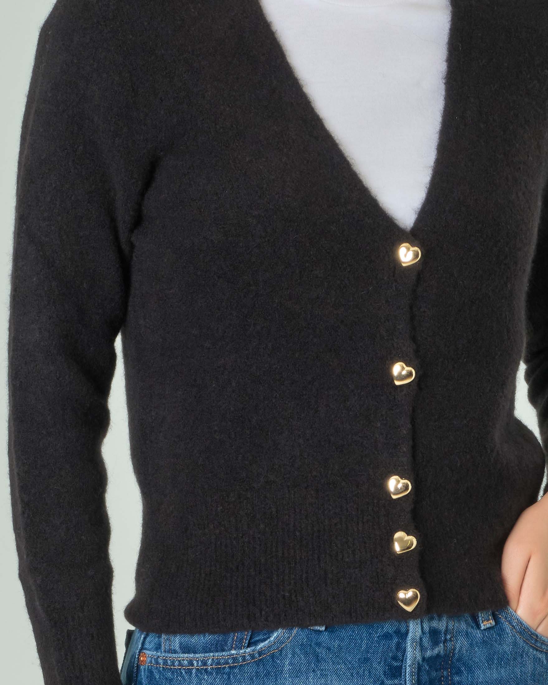 Cardigan nero corto in misto alpaca con bottoni dorati a cuore image