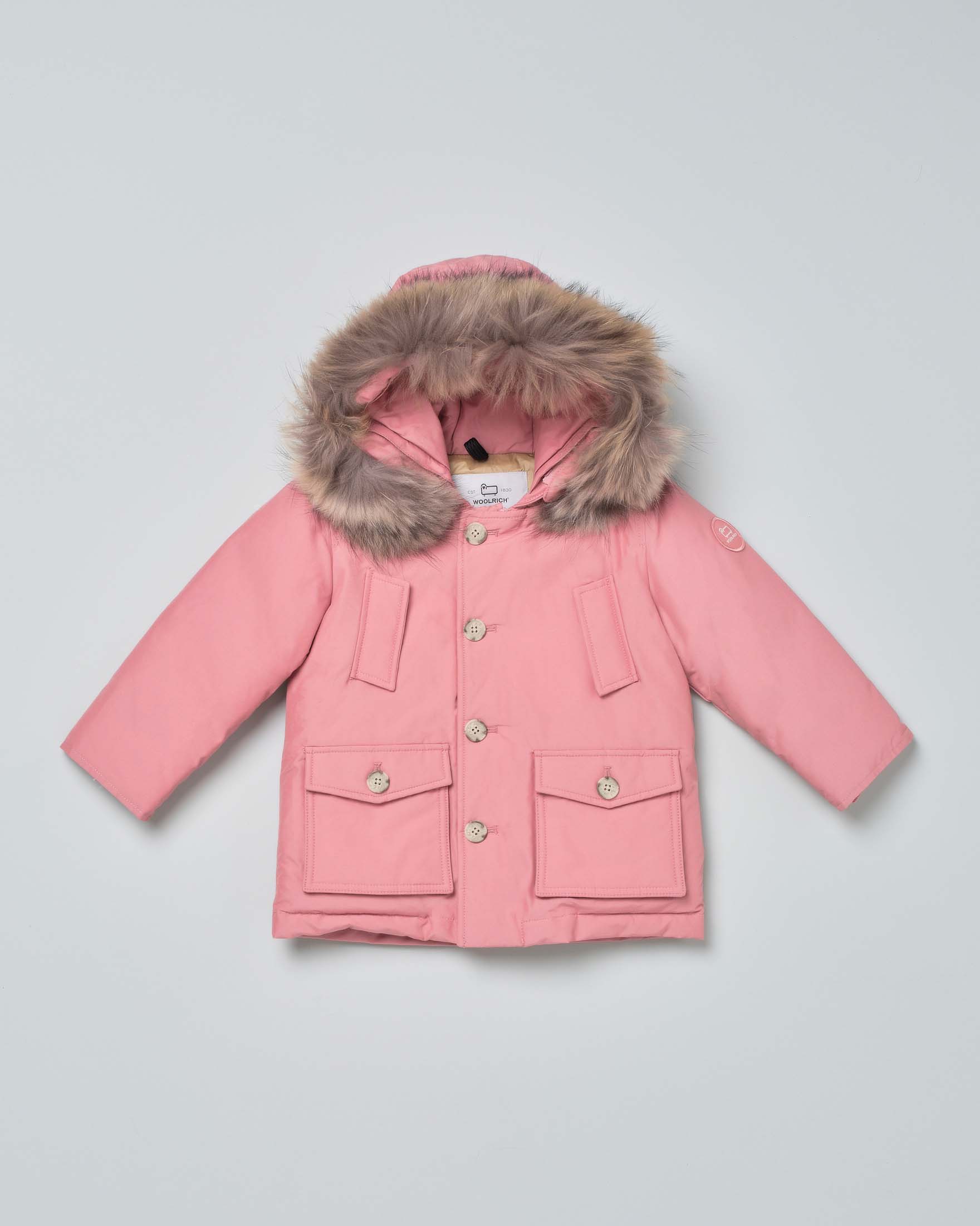 Baby Arctic Parka Woolrich rosa con cappuccio e pelliccia