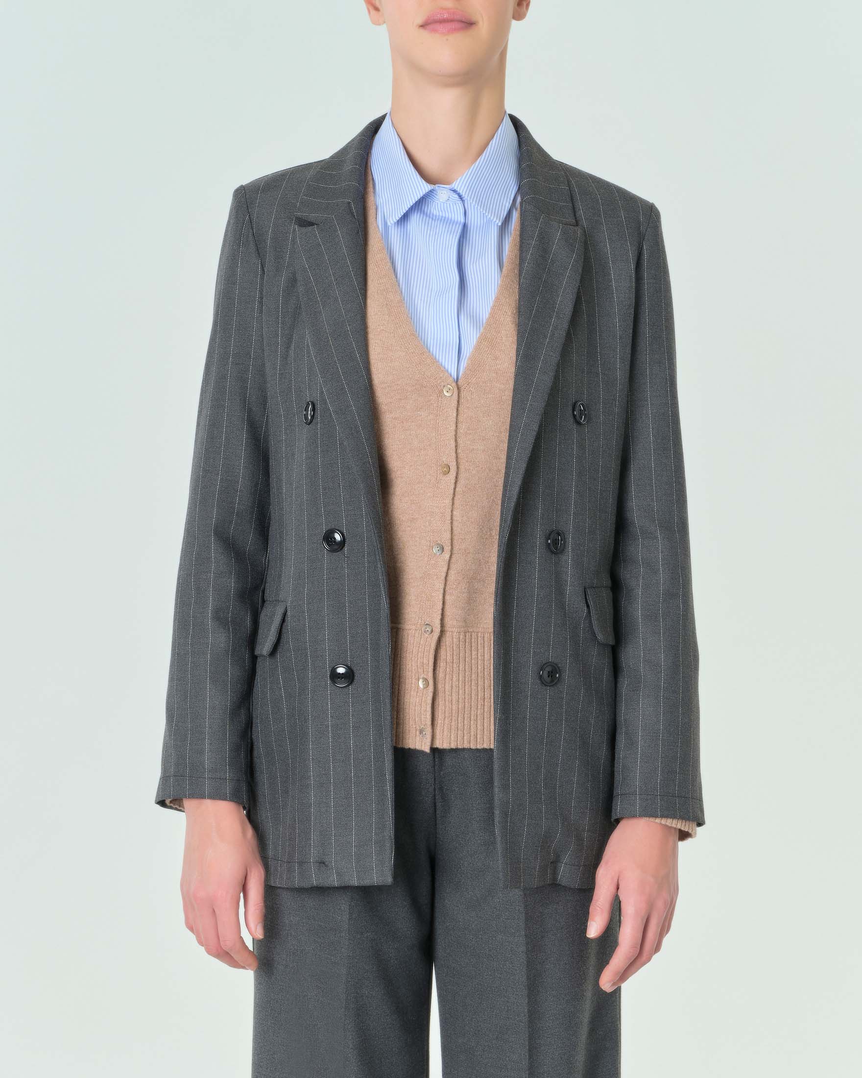 Blazer grigio antracite gessato in misto viscosa con bottoni applicati