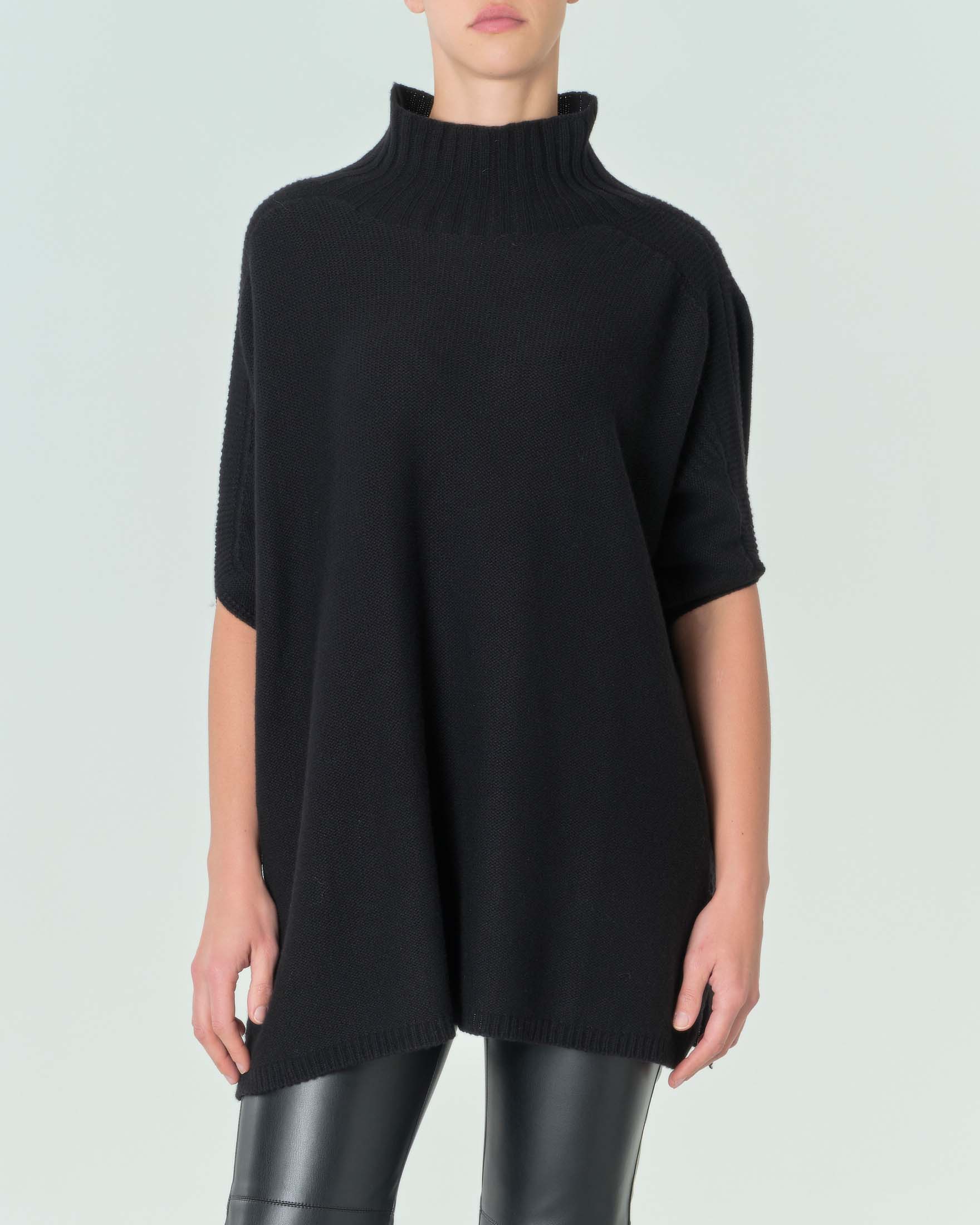 Maglia lunga nera in misto lana e cashmere con collo alto e manic corte  Linea MONOCHROME