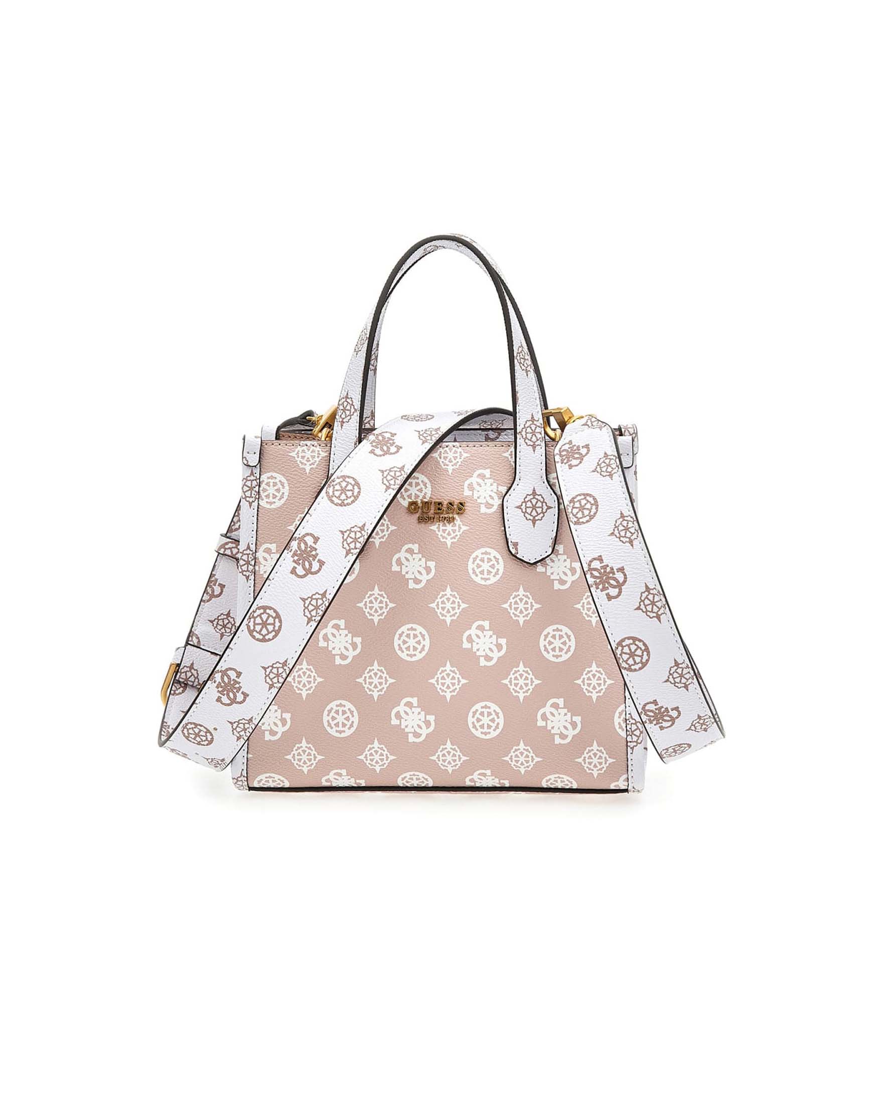 Tote bag misura piccola cammello in similpelle a fantasia monogram bianca  con manici e tracolla a contrasto