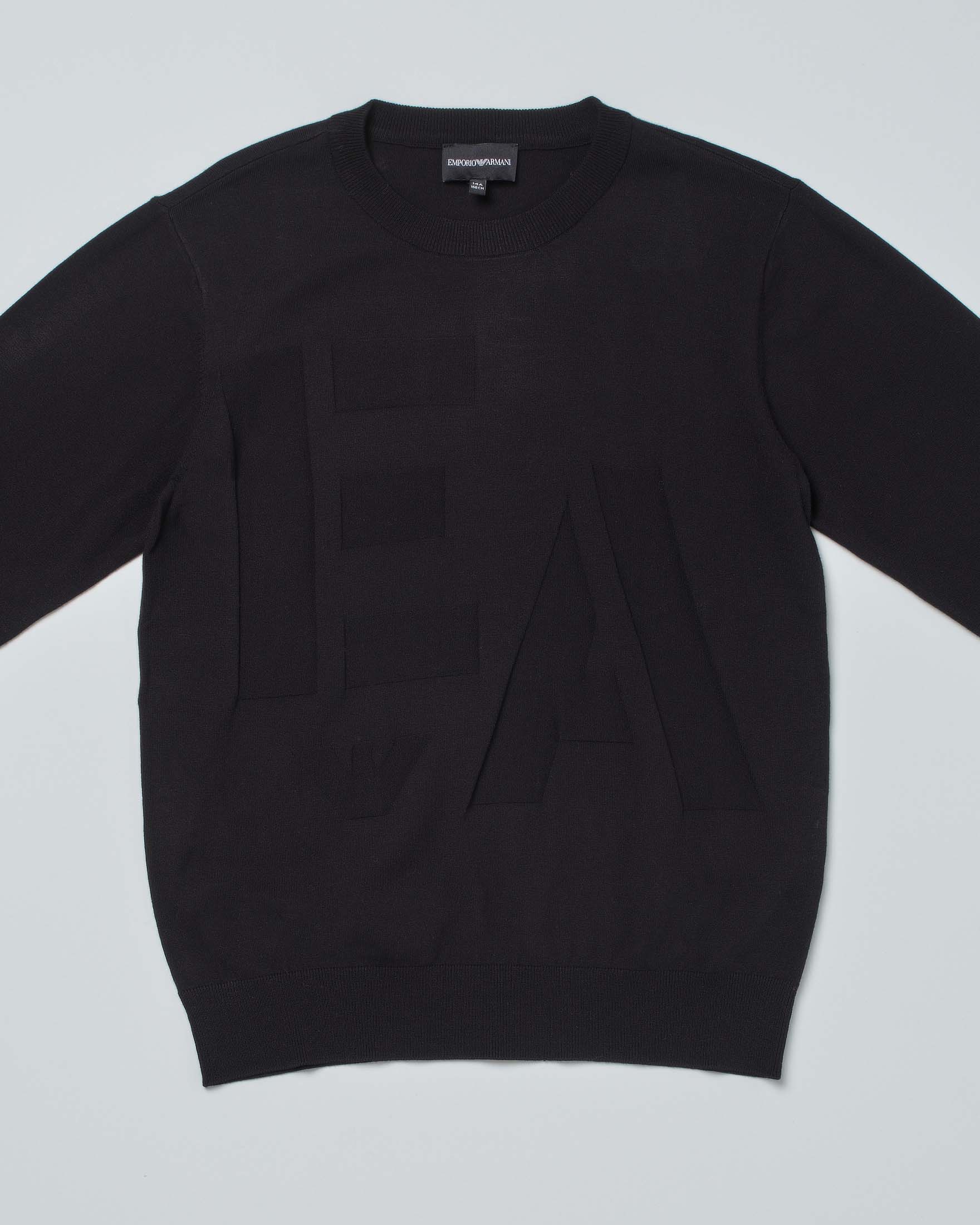 Maglia Emporio Armani nera girocollo in misto viscosa con maxi logo monogramma jacquard in tono  image