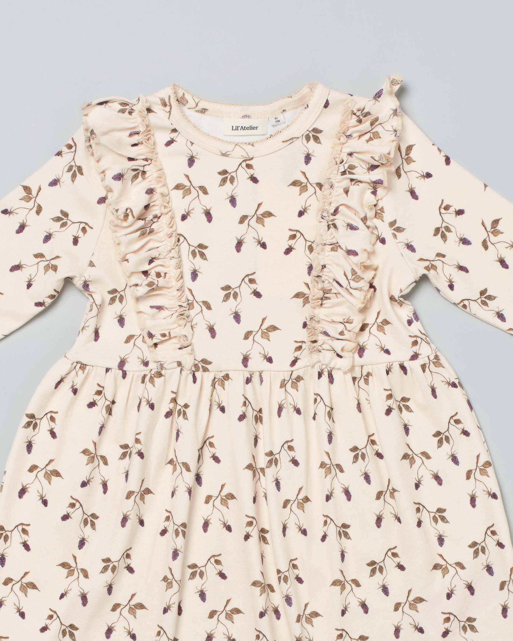 Abito beige in cotone stretch a fantasia fiorita all-over a maniche lunghe con rouches 2-7 anni image