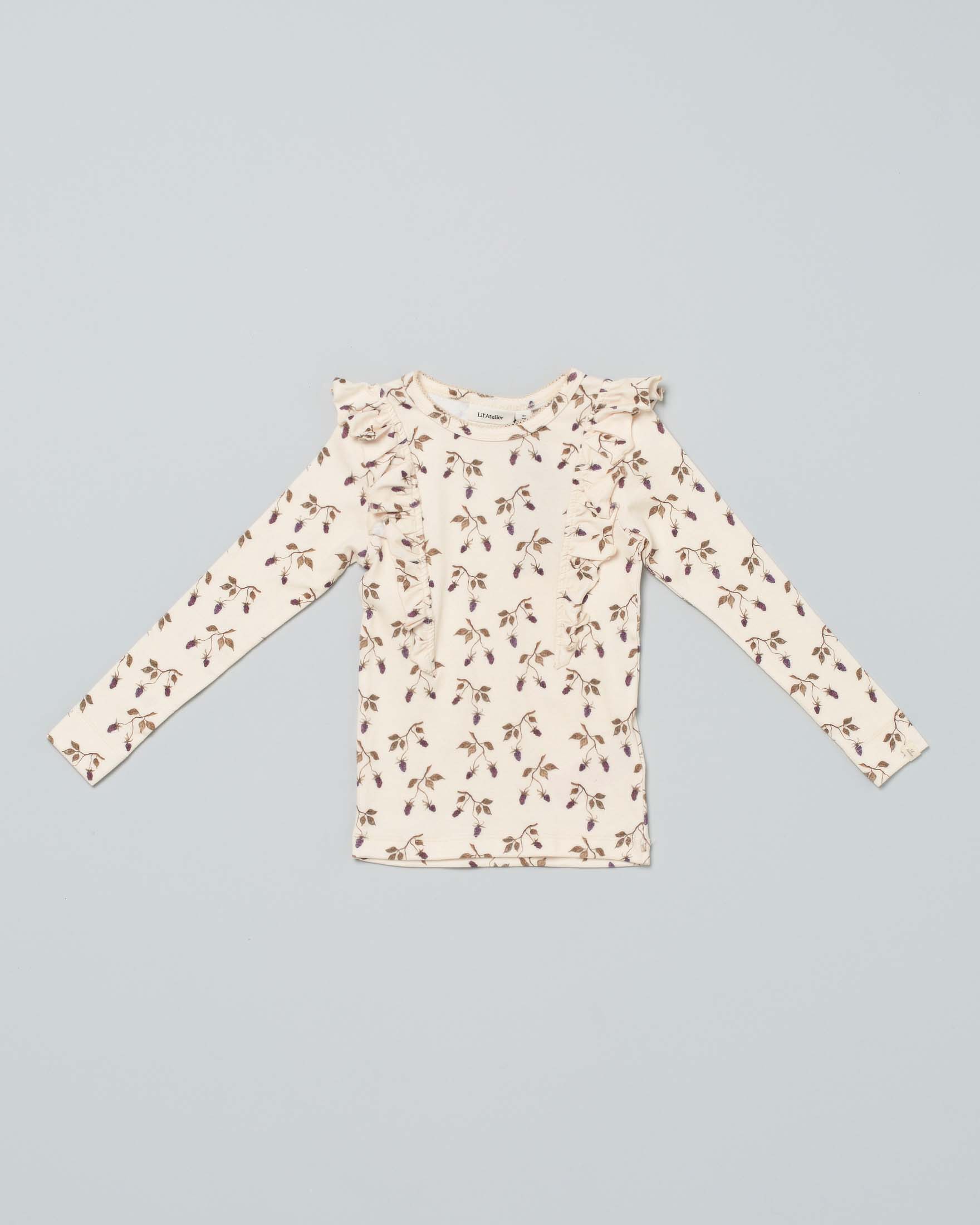 T-shirt beige in misto cotone stretch a maniche lunghe a fantasia fiorita all-over con rouches 2-7 anni