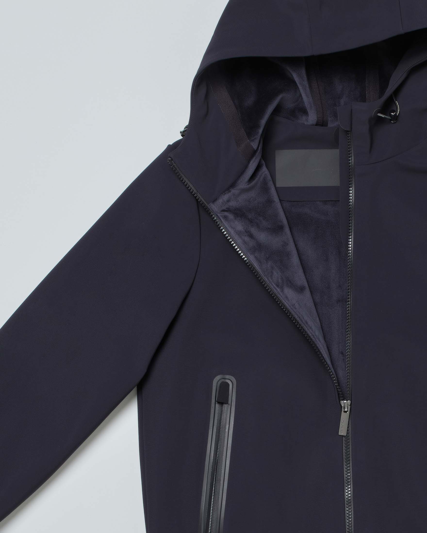 Giacca bomber blu in tessuto tecnico stretch con cappuccio  image