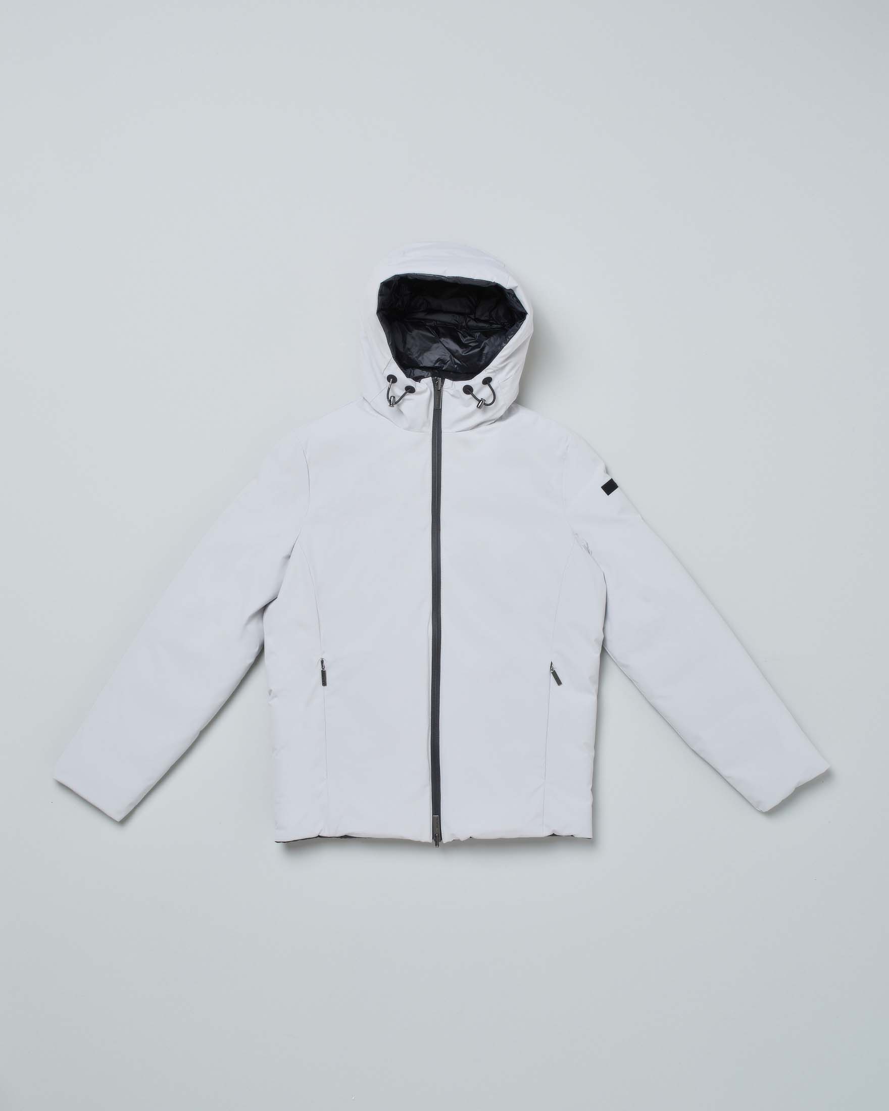 Giacca grigia in tessuto tecnico stretch reversibile in piumino nero 