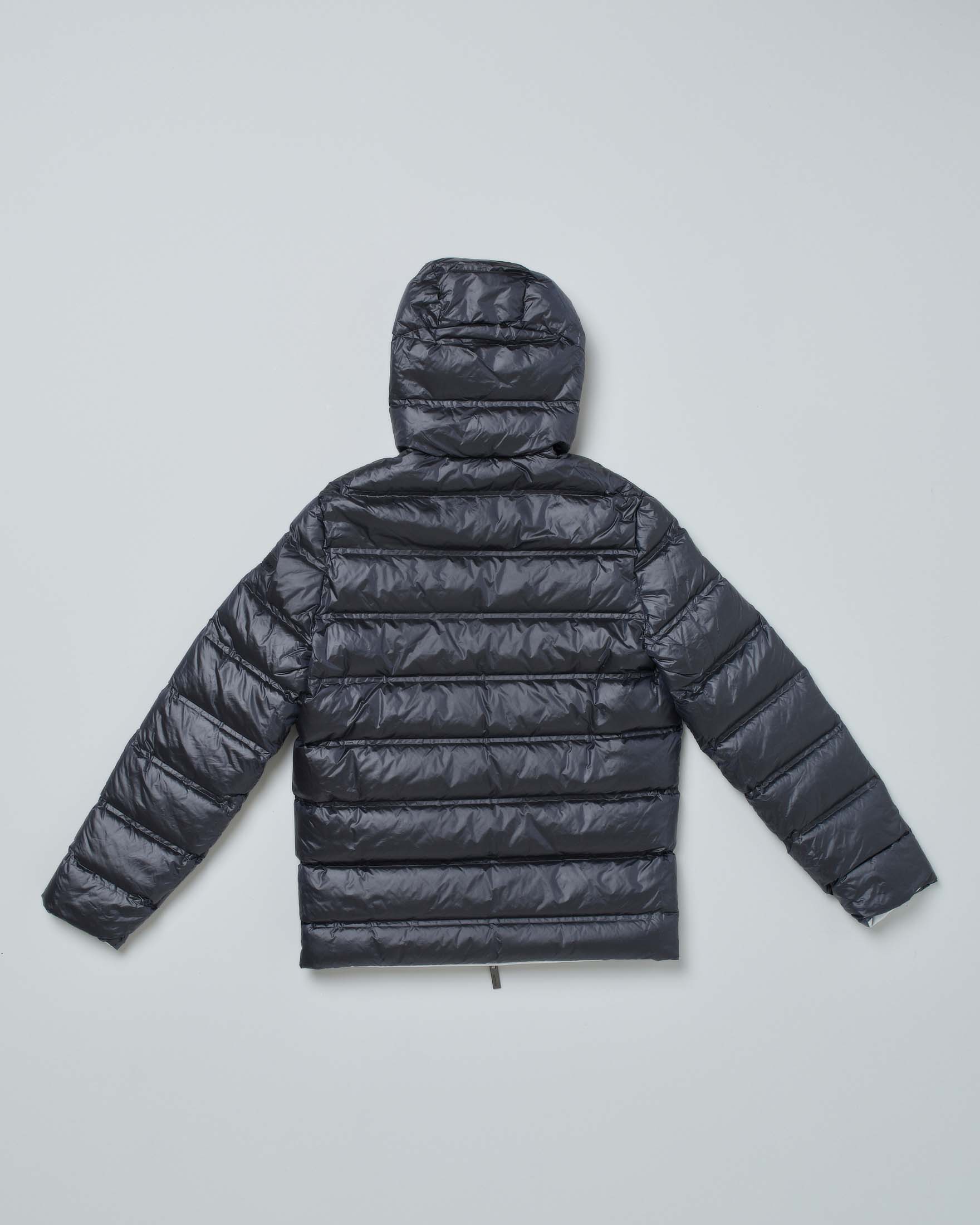 Giacca grigia in tessuto tecnico stretch reversibile in piumino nero 