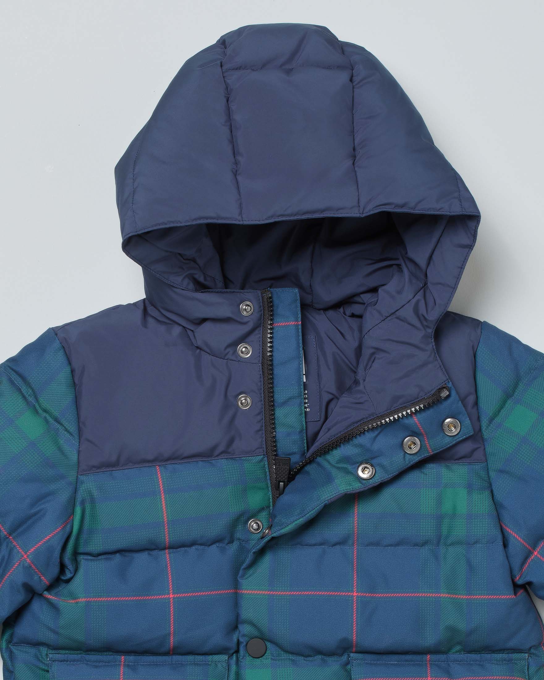 Giaccone tartan check verde e blu imbottito in piuma con cappuccio  image