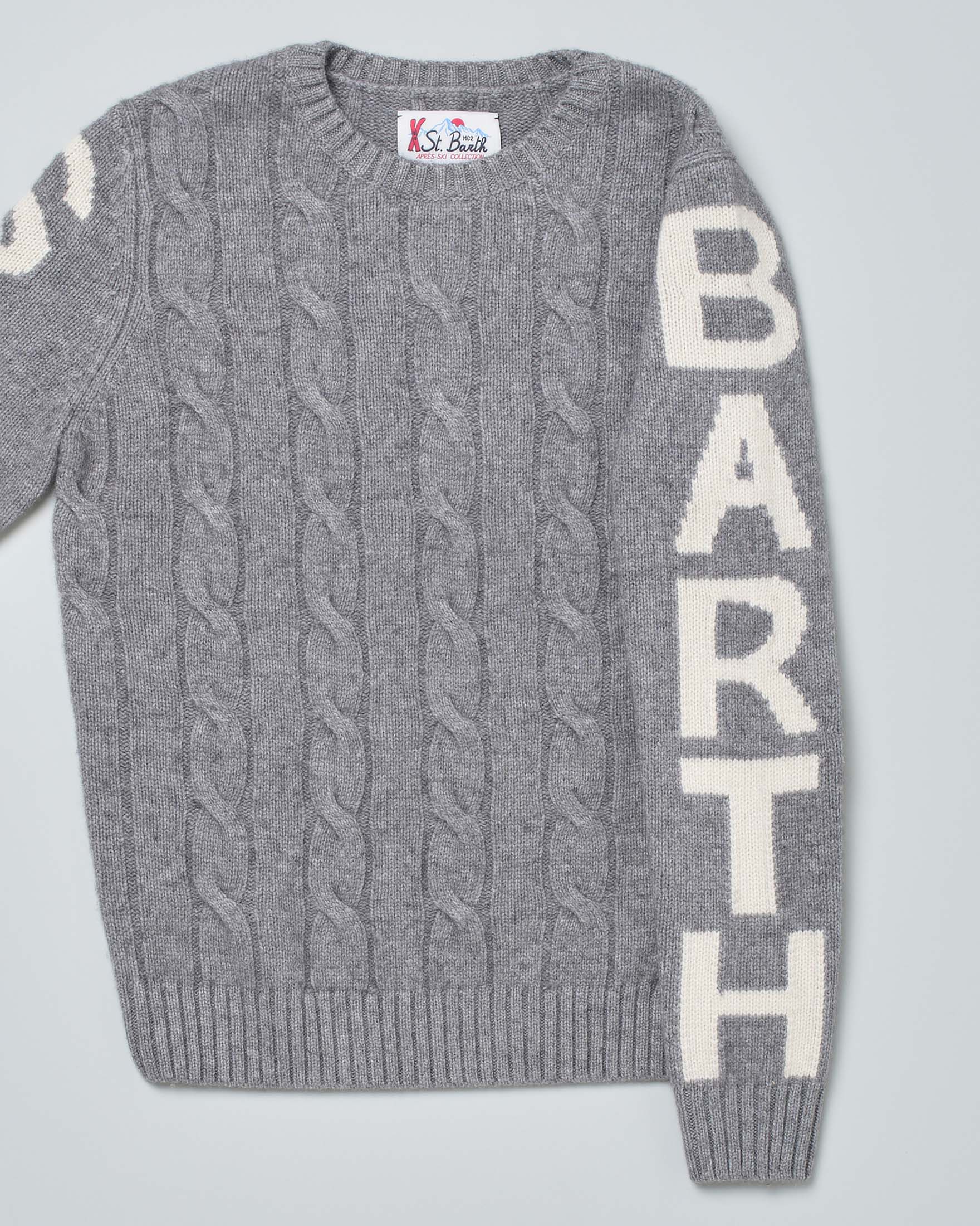 Maglia grigia MC2 Saint Barth in misto lana e cashmere a trecce con logo lungo le maniche image