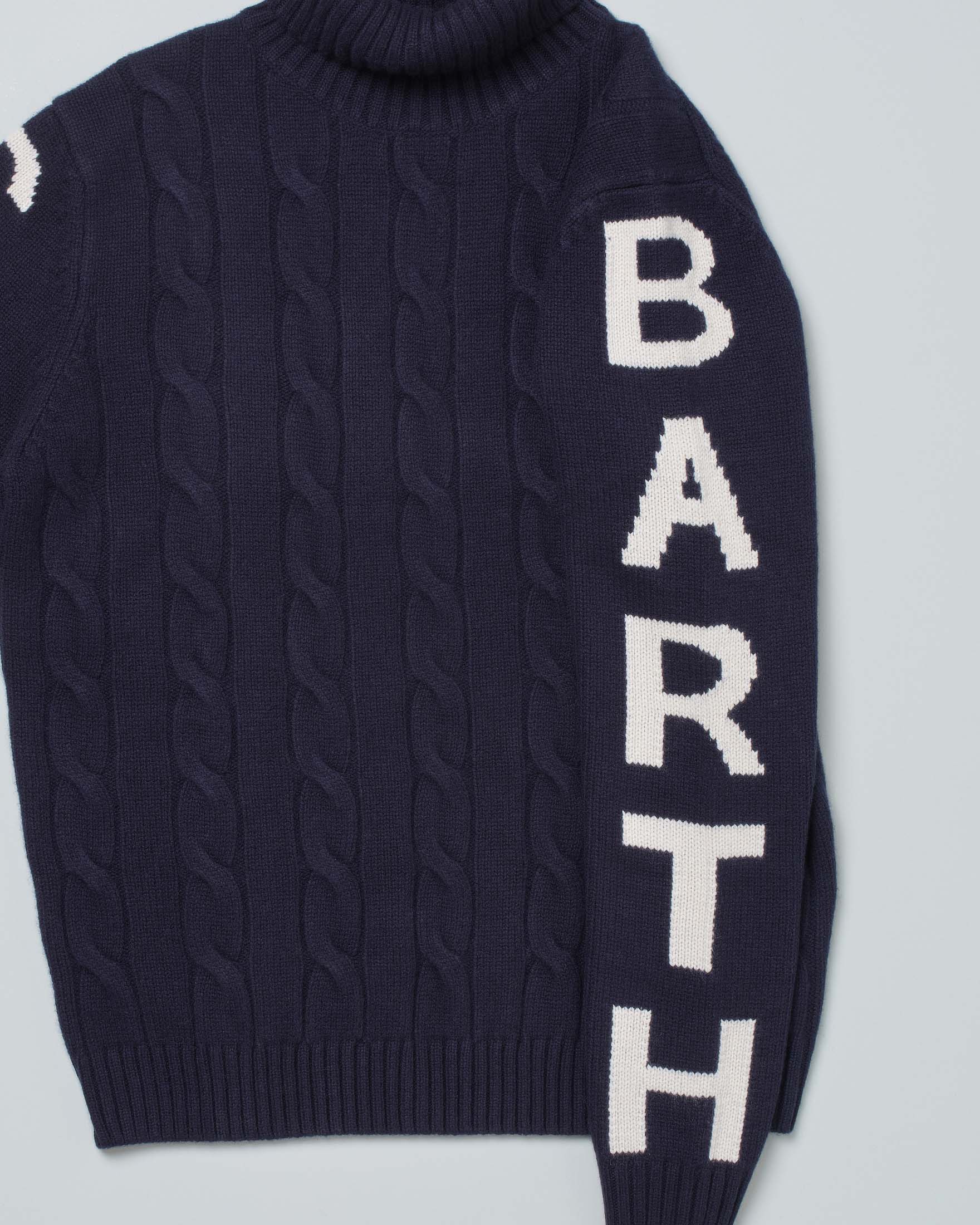 Dolcevita MC2 Saint Barth blu in misto lana e cashmere a trecce con maxi scritta logo sulle maniche  image