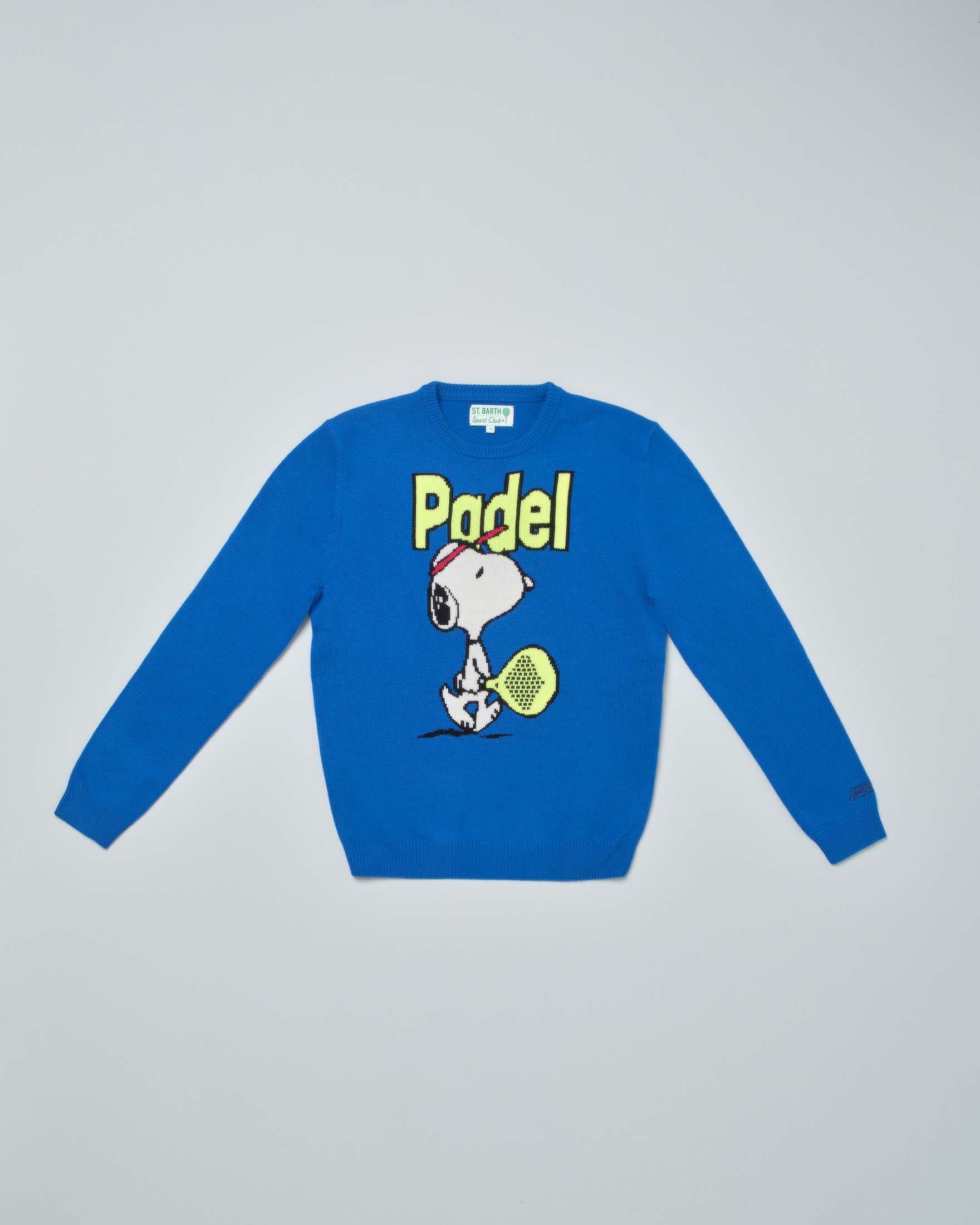 Maglia MC2 Saint Barth blu royal in misto lana e cashmere con fantasia Snoopy e scritta Padel