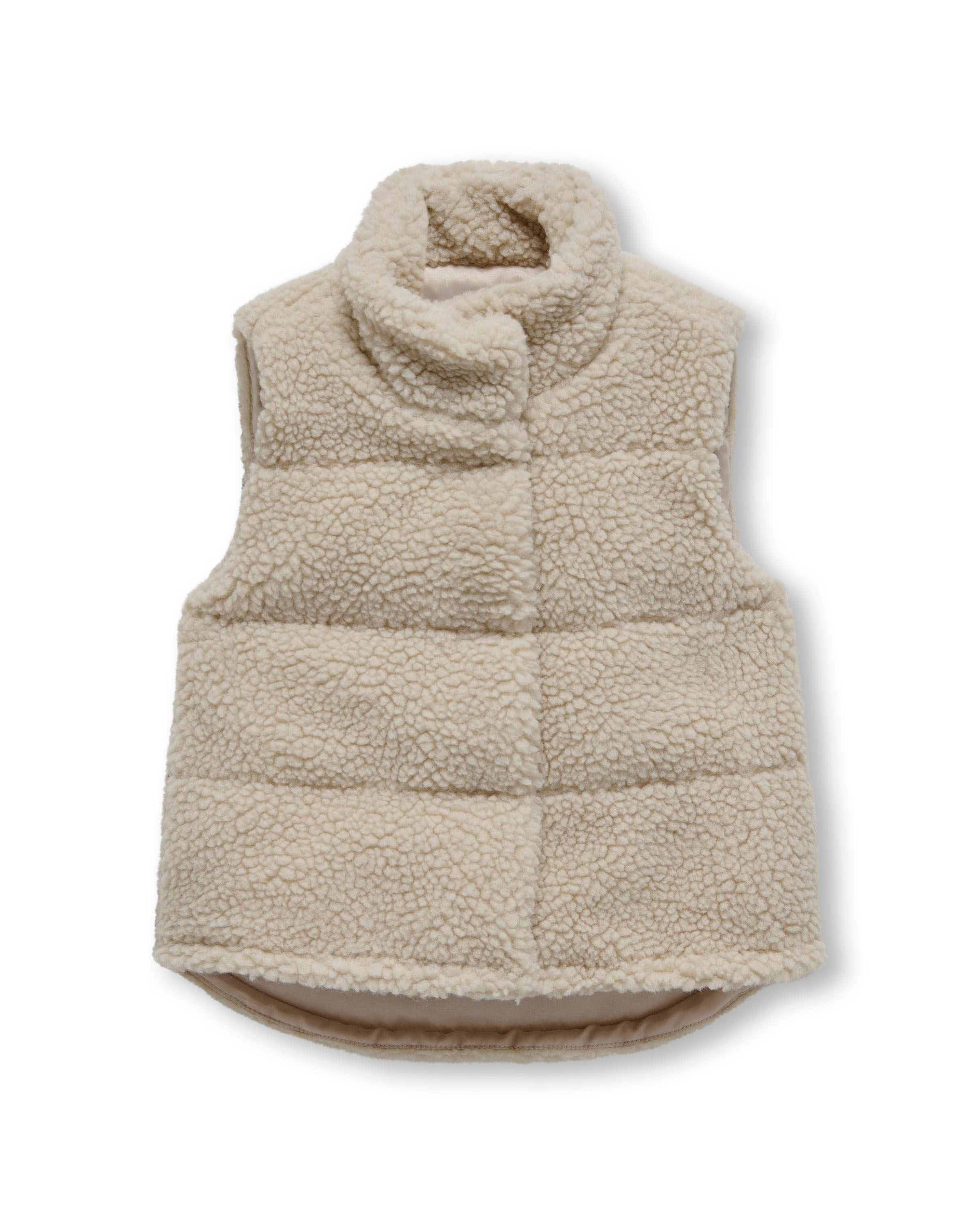 Gilet beige a collo alto in sherpa con trapuntatura orizzontale ed abbottonatura nascosta 