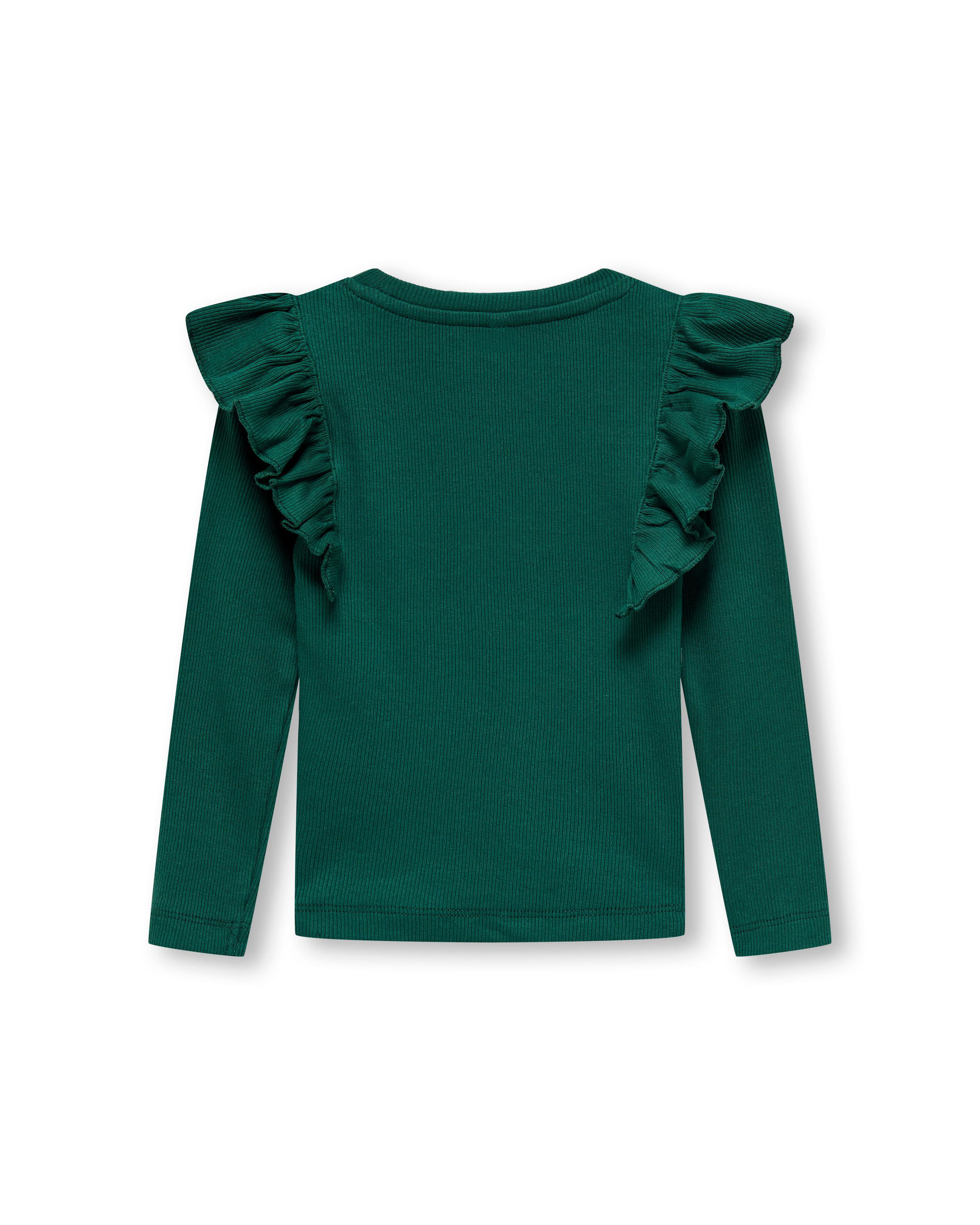 T-shirt a maniche lunghe verde bottiglia in cotone stretch a costine con volant sulle spalle 2-7 anni image