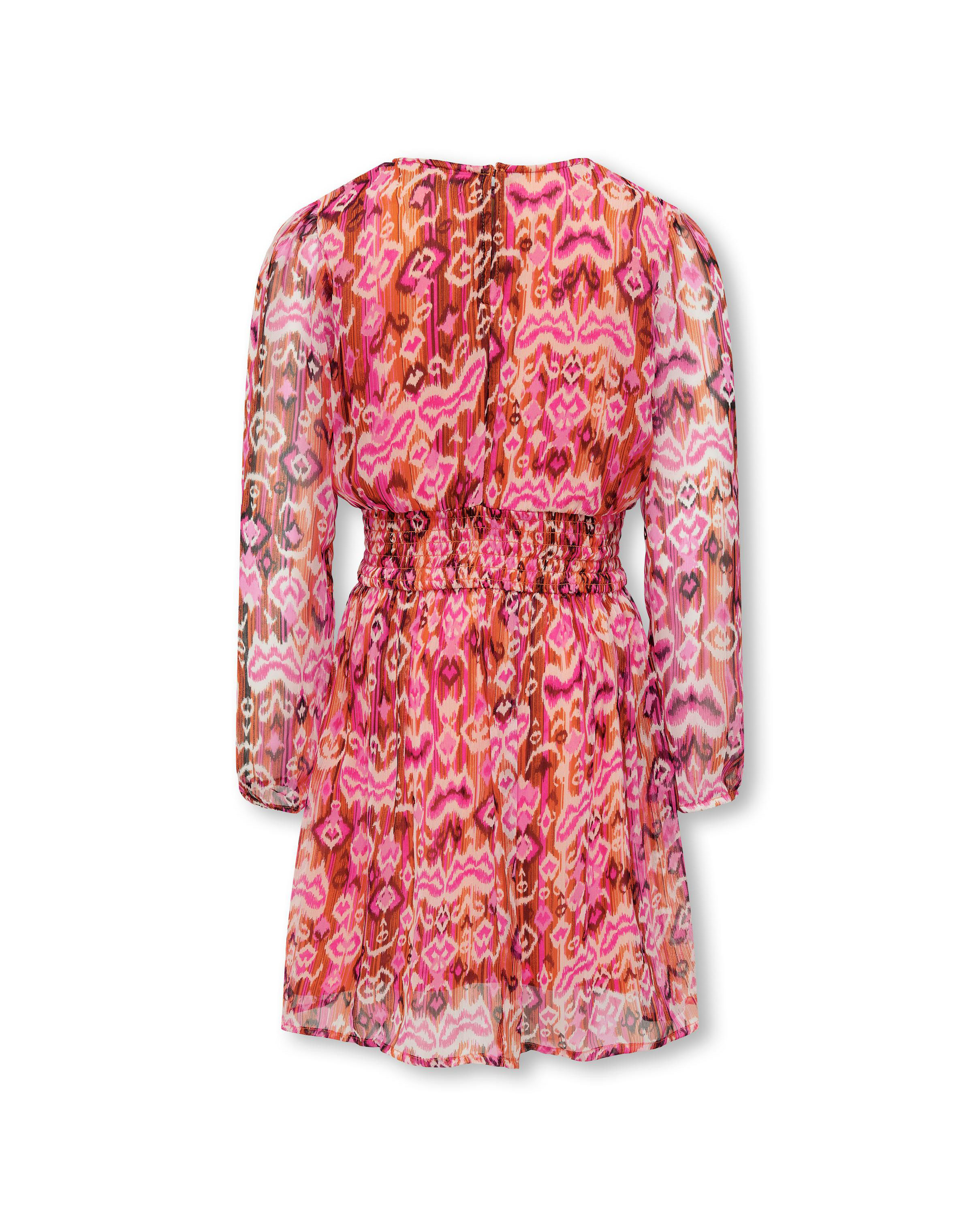 Abito in georgette arancio e fucsia a fantasia etnica con fascia in punto smock in vita 10-14 anni image