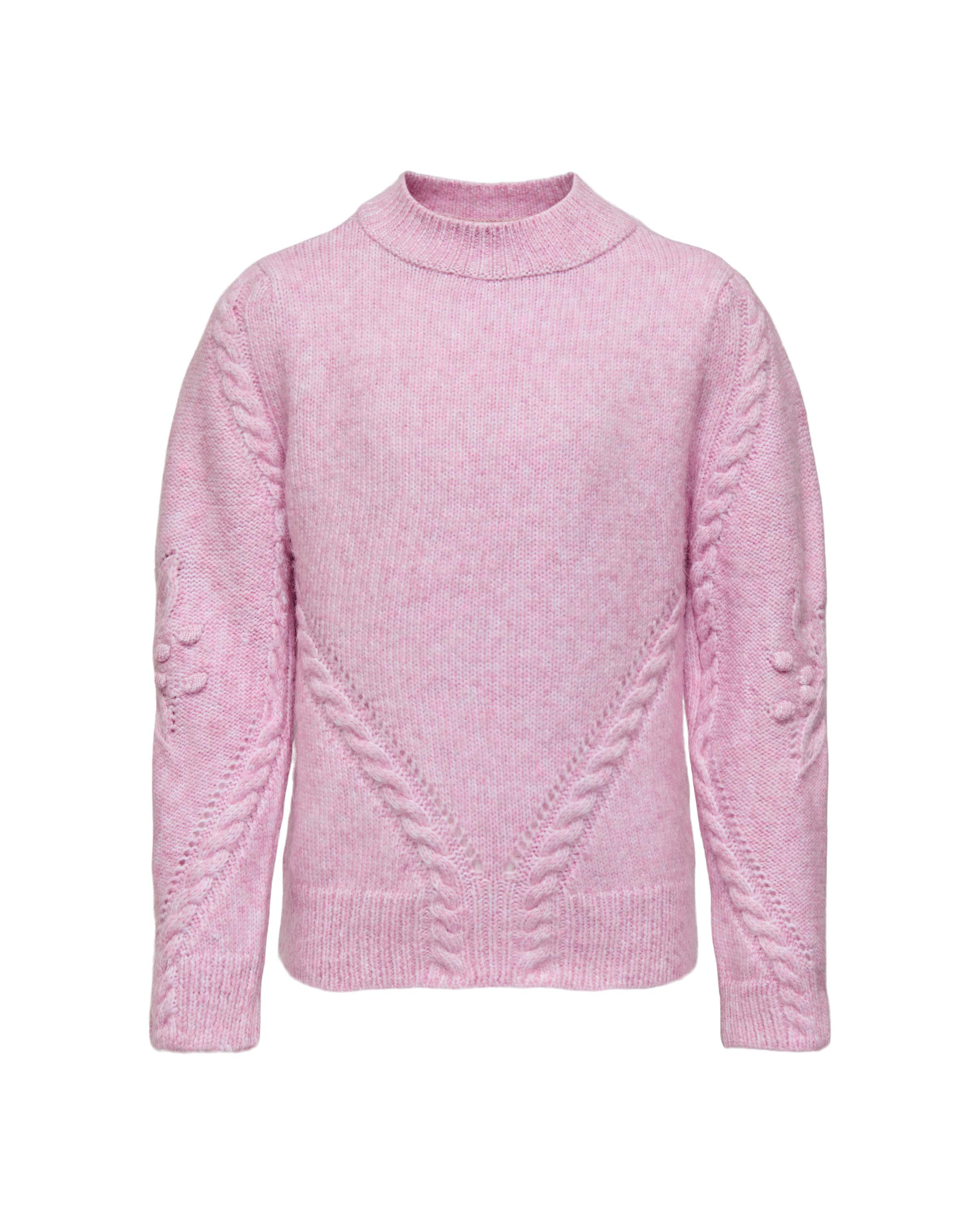 Maglia lupetto rosa melange con motivo punzonato e a trecce davanti e sulle maniche