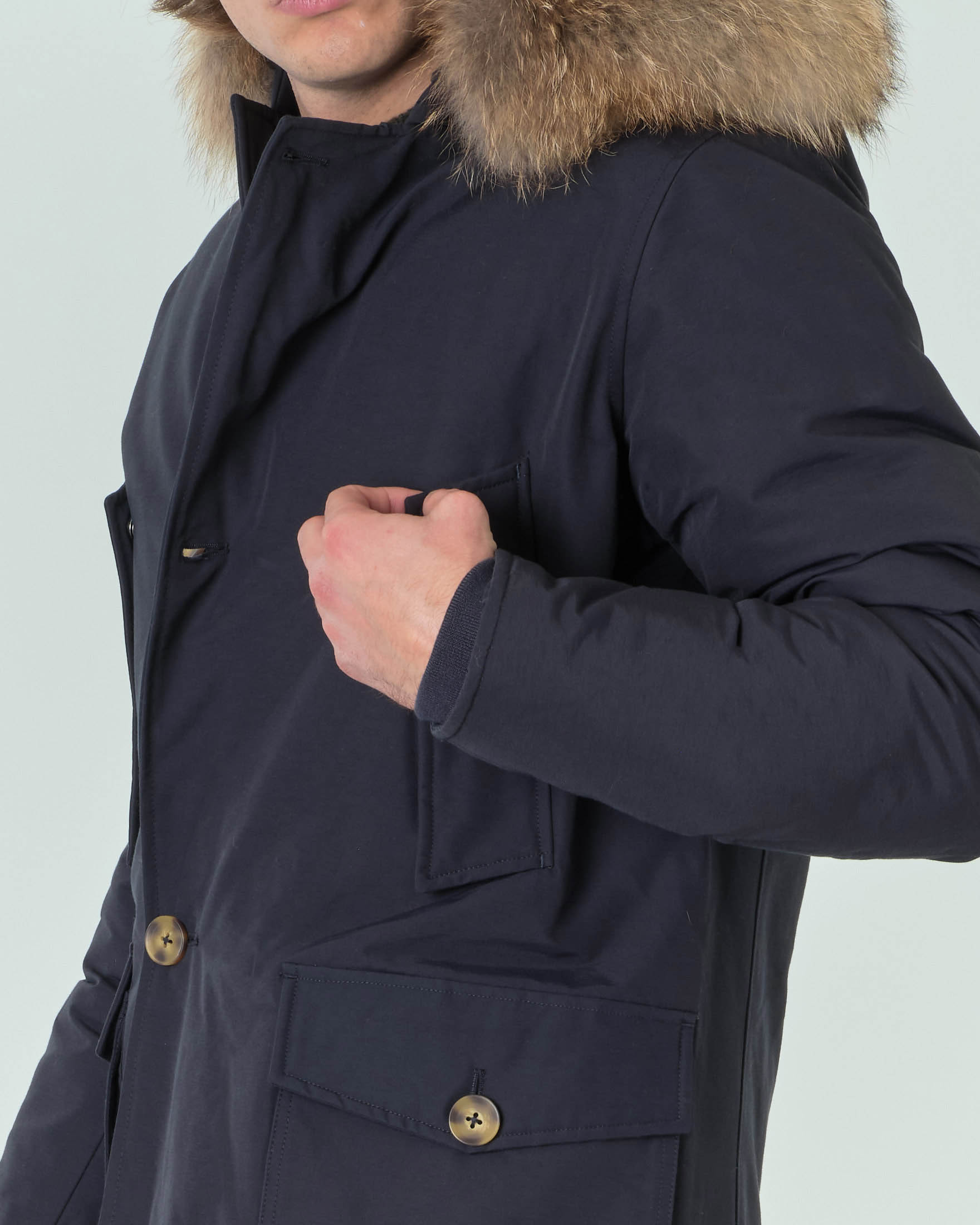 Parka Ashki.i blu in cotone con vera pelliccia staccabile image
