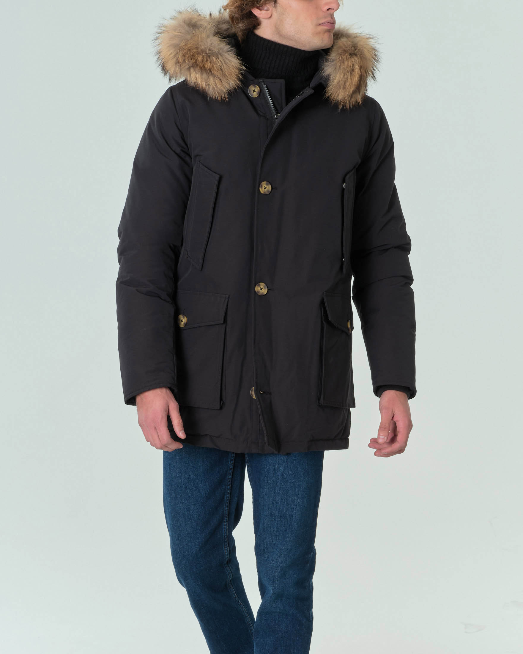 Parka Ashki.i nero in cotone con vera pelliccia staccabile