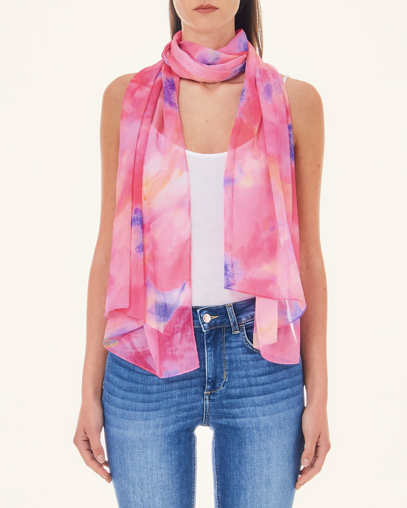 Stola in creponne a fantasia acquerellata fucsia rosa e lilla image