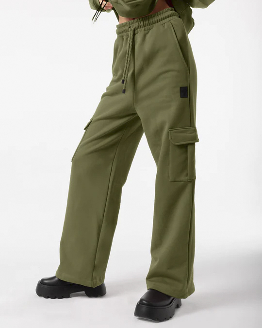 Pantaloni cargo verde militare in jersey di cotone con tasconi