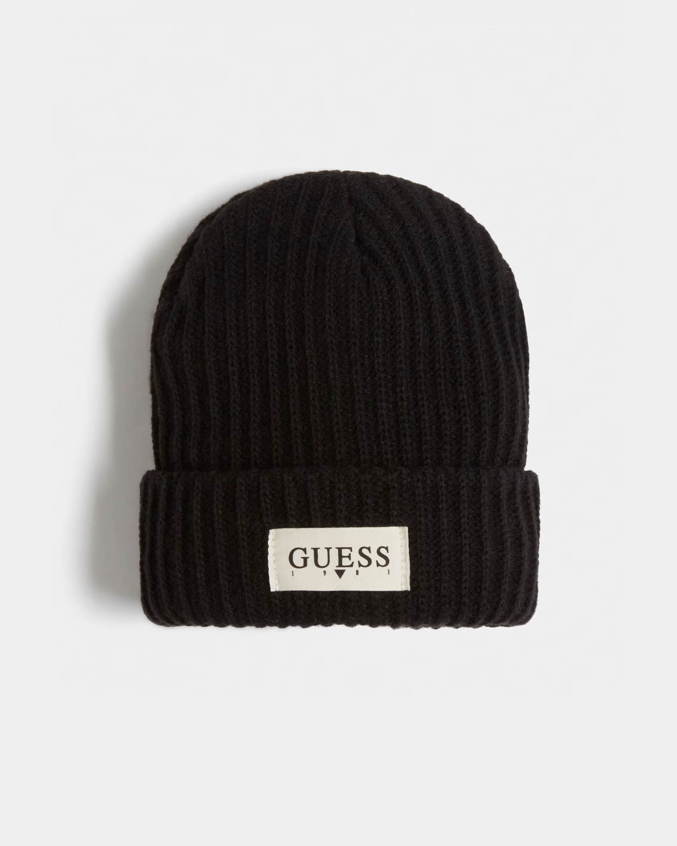 Berretto nero a coste con risvolto e logo 