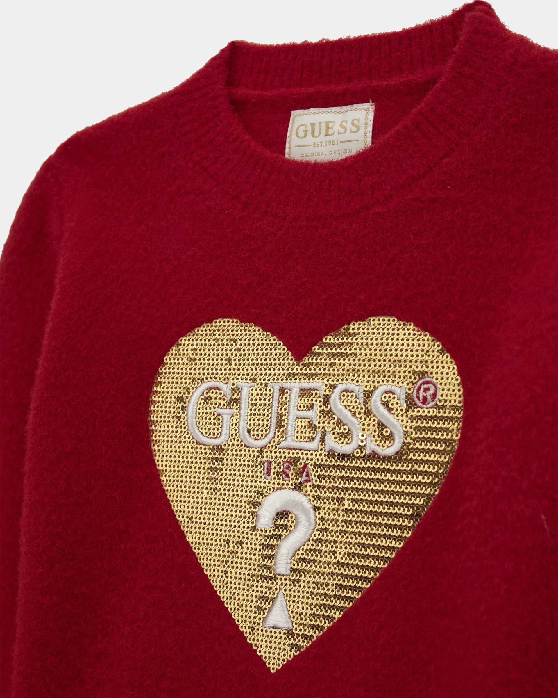 Maglia rossa in punto pelliccia con cuore oro glitterato e logato 3-7 anni