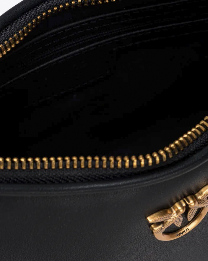 Baby Love Bag Half Moon Pinko in pelle liscia nera con logo Love Birds dorato in metallo frontale image