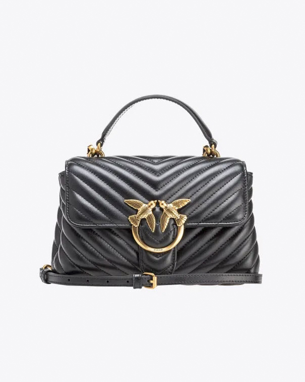 Mini Lady Bag in pelle nera con motivo a chevron e manico a mano e fibbia Love Birds dorati