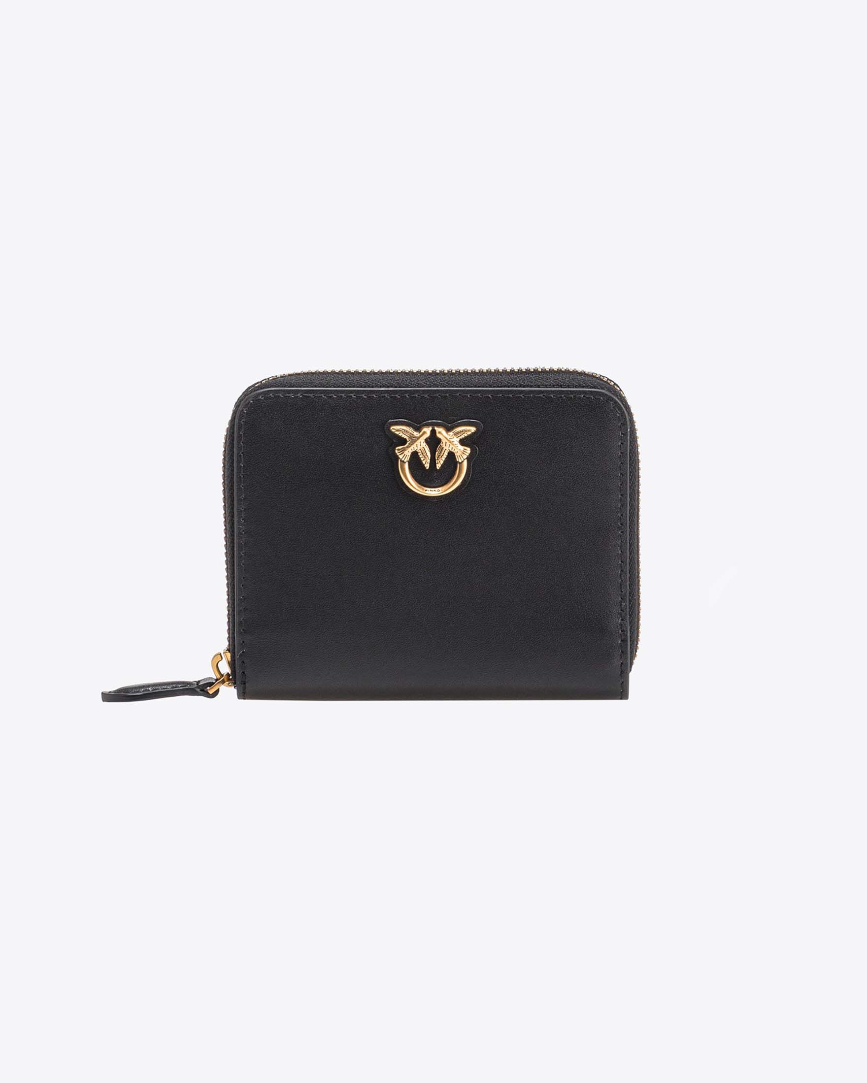 Portafoglio nero in pelle con fibbia Love Birds dorata su base in pelle tono su tono