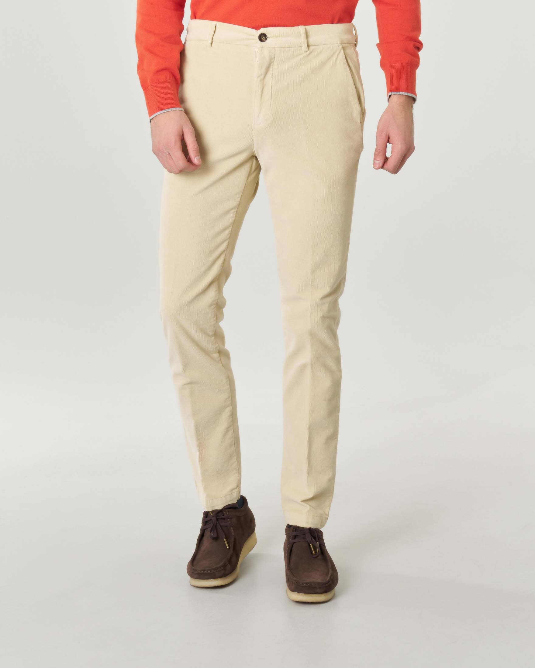 Pantalone chino Brera color panna in velluto millerighe di cotone stretch
