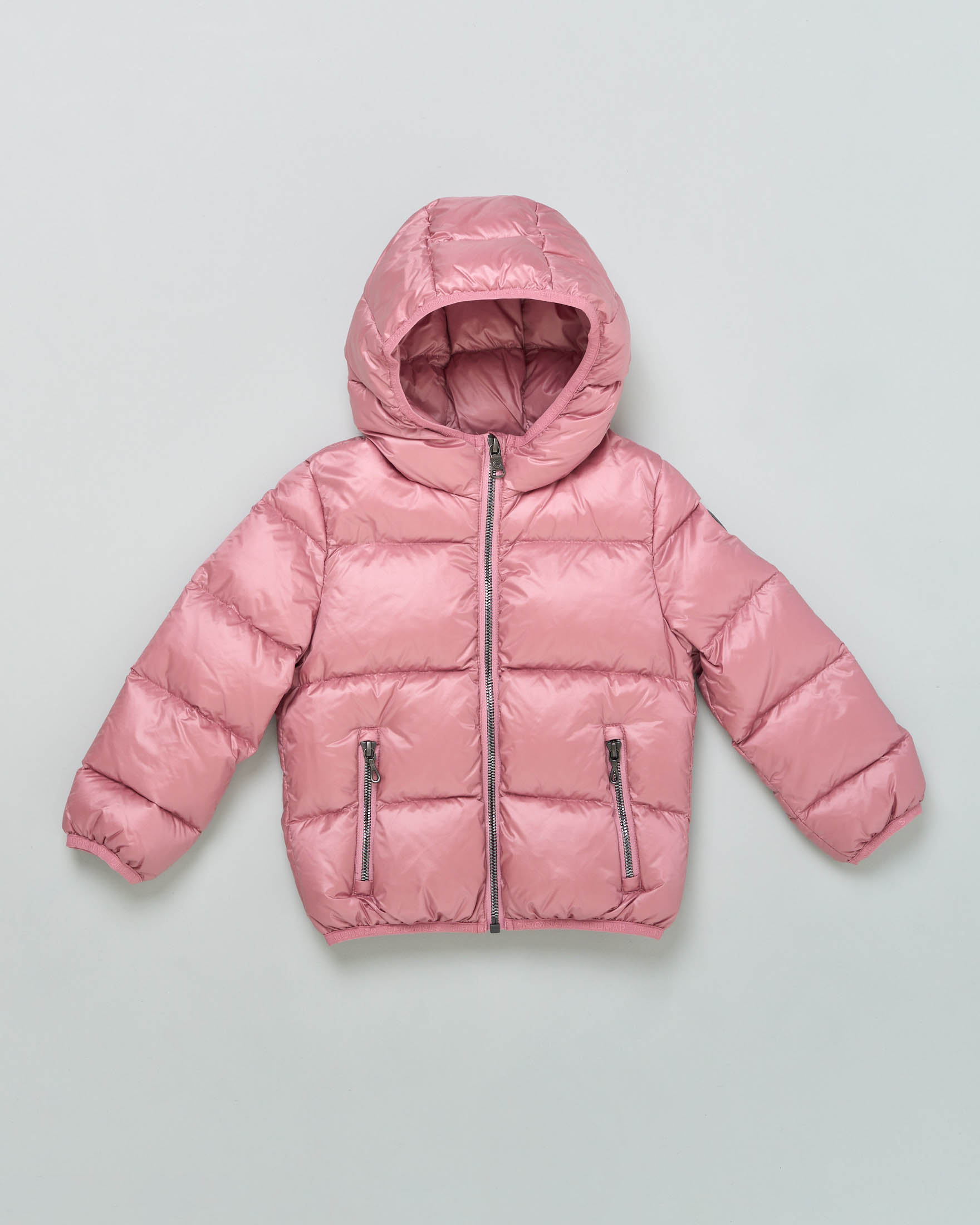 Piumino rosa con cappuccio fisso in nylon trapuntato imbottito in piuma 