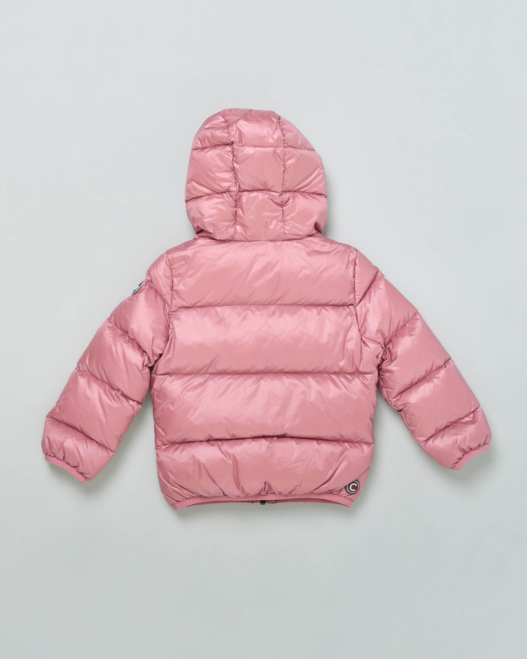 Piumino rosa con cappuccio fisso in nylon trapuntato imbottito in piuma 