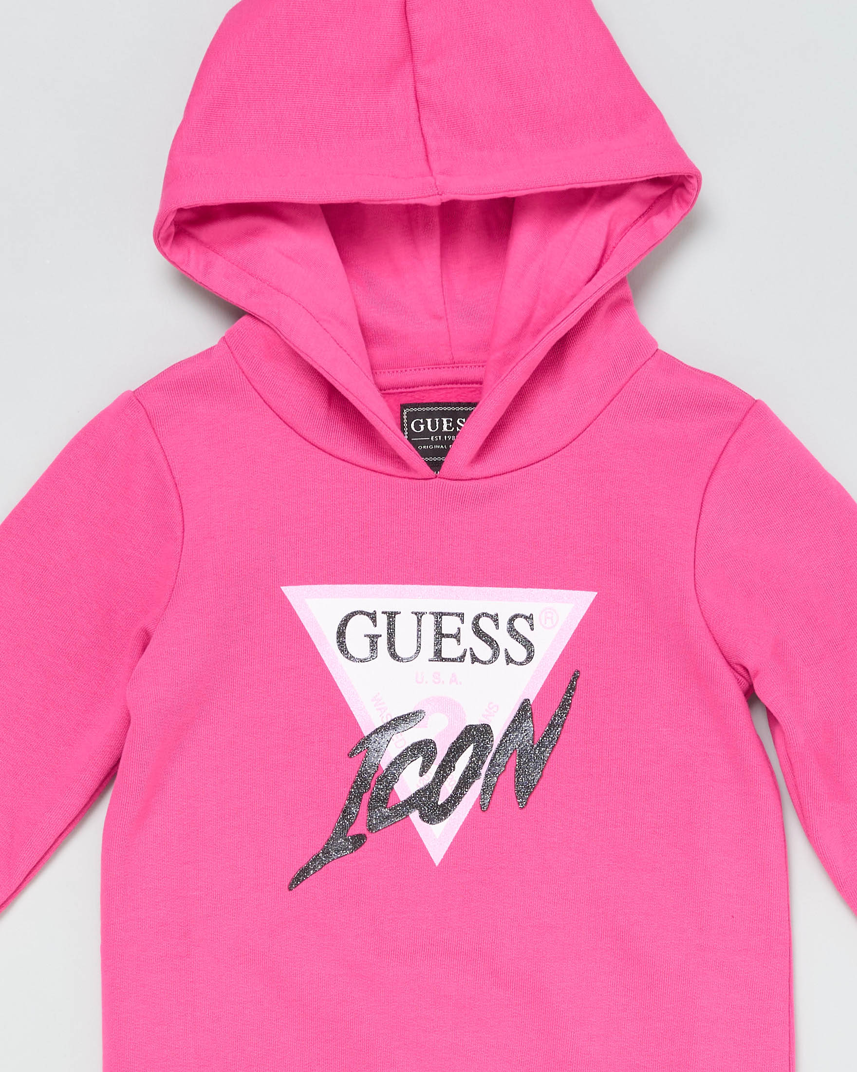 Abito maxi felpa fucsia in cotone con cappuccio e logo Icon glitterato image