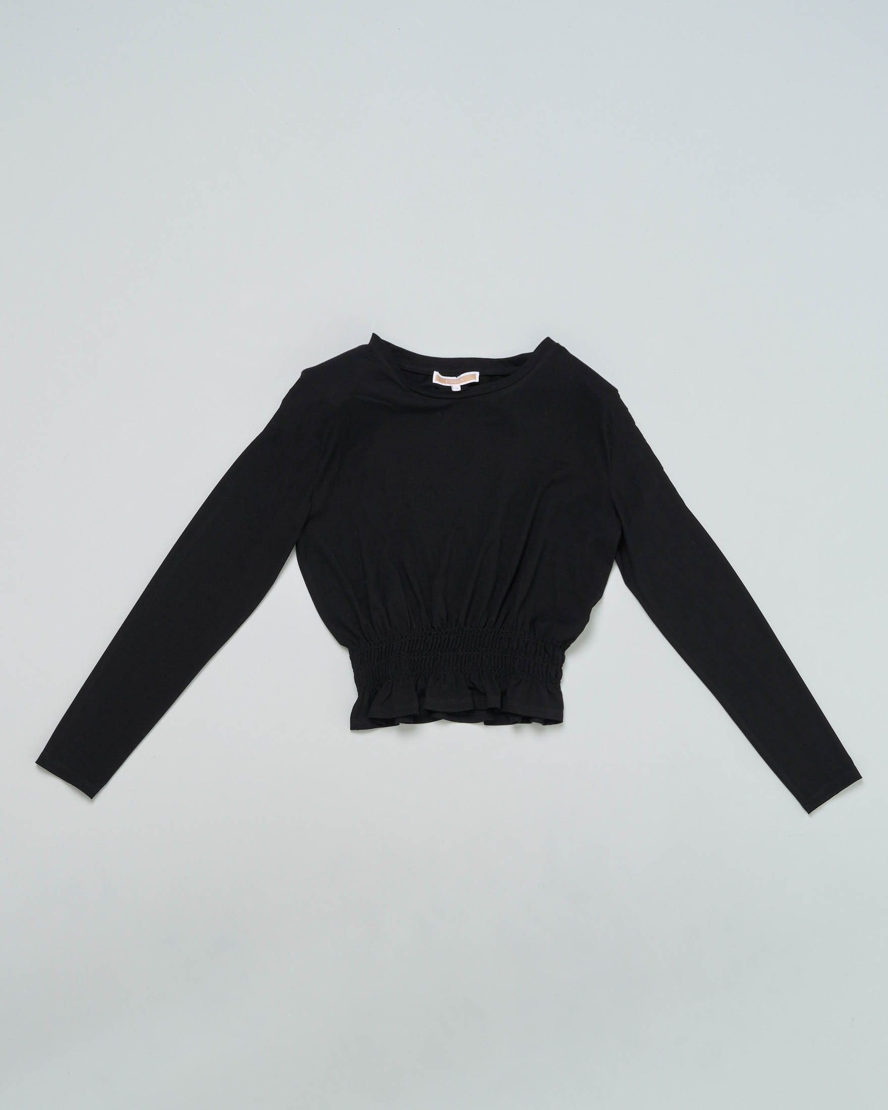 Blusa nera in viscosa stretch con spalline inserite e fascia in punto smock in vita 12-16 anni