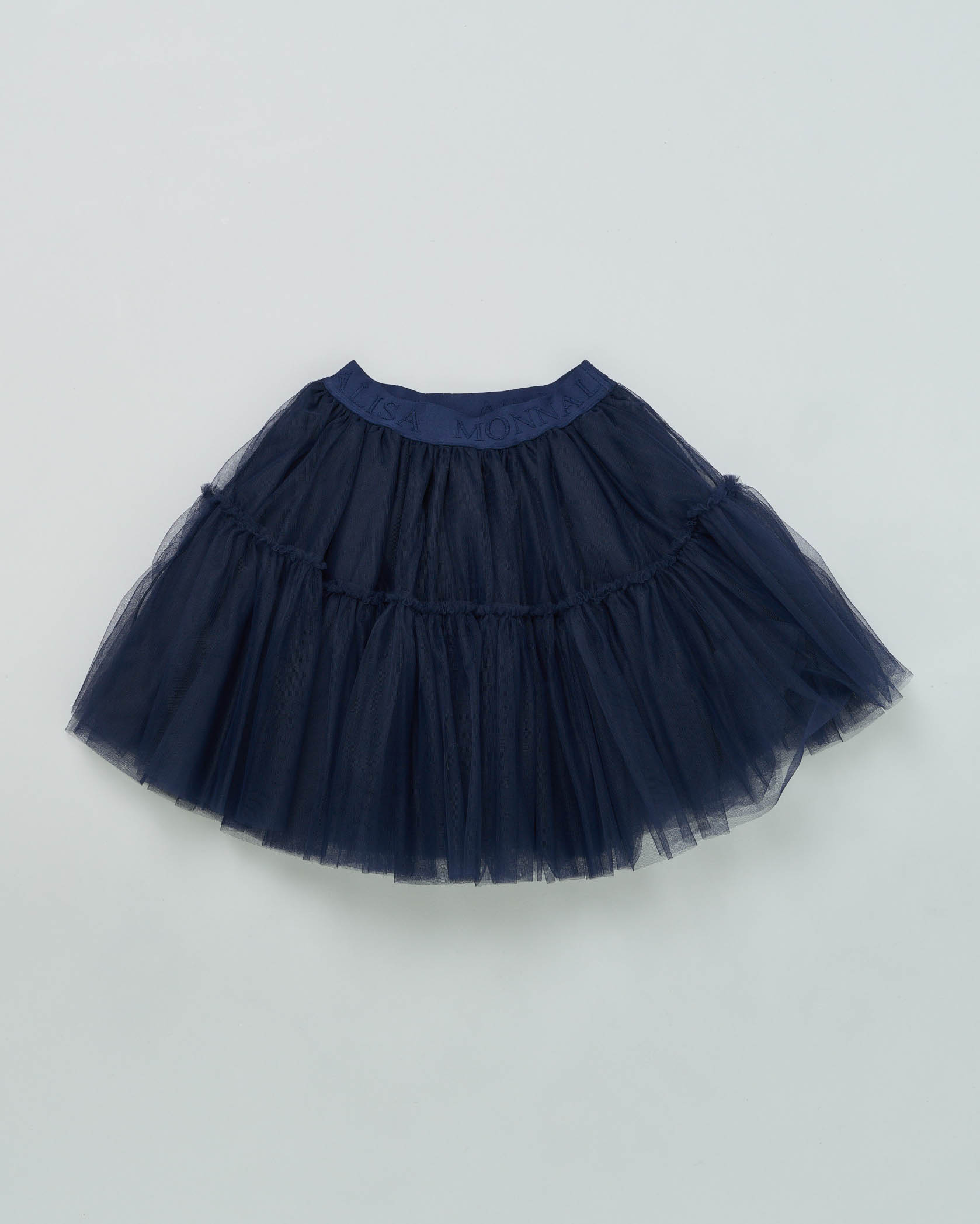 Gonna blu in tulle con balza al fondo e fascia elastica in vita con logo  4-10 anni