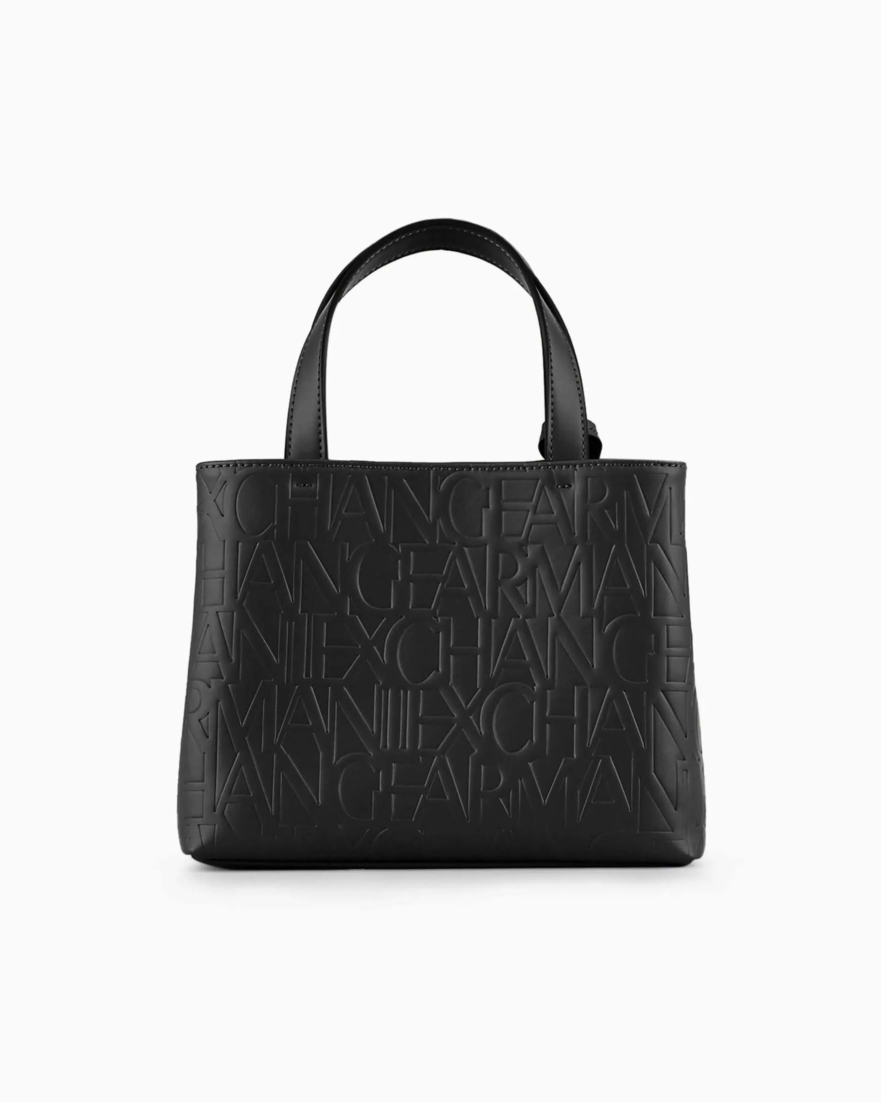 Borsa a mano nera misura piccola in similpelle effetto opaco con scritte logo all over e