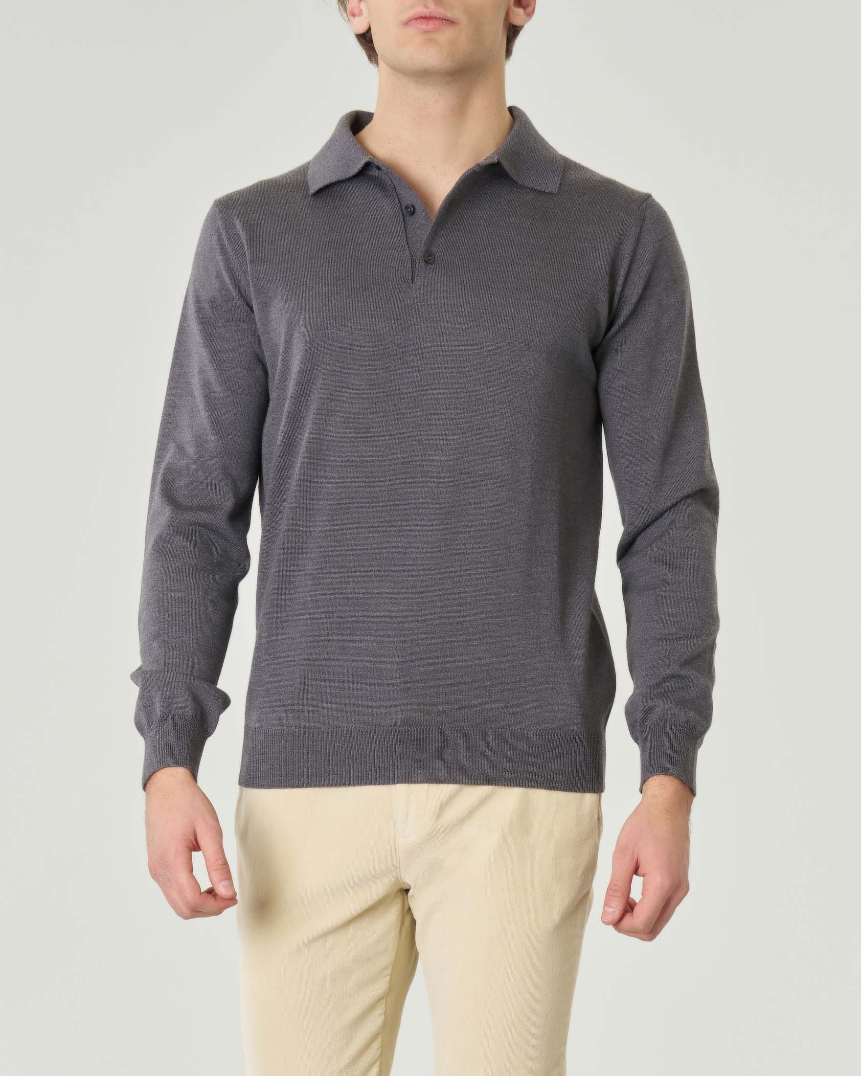 Polo Pellizzari a manica lunga grigio medio maglia di pura lana merino