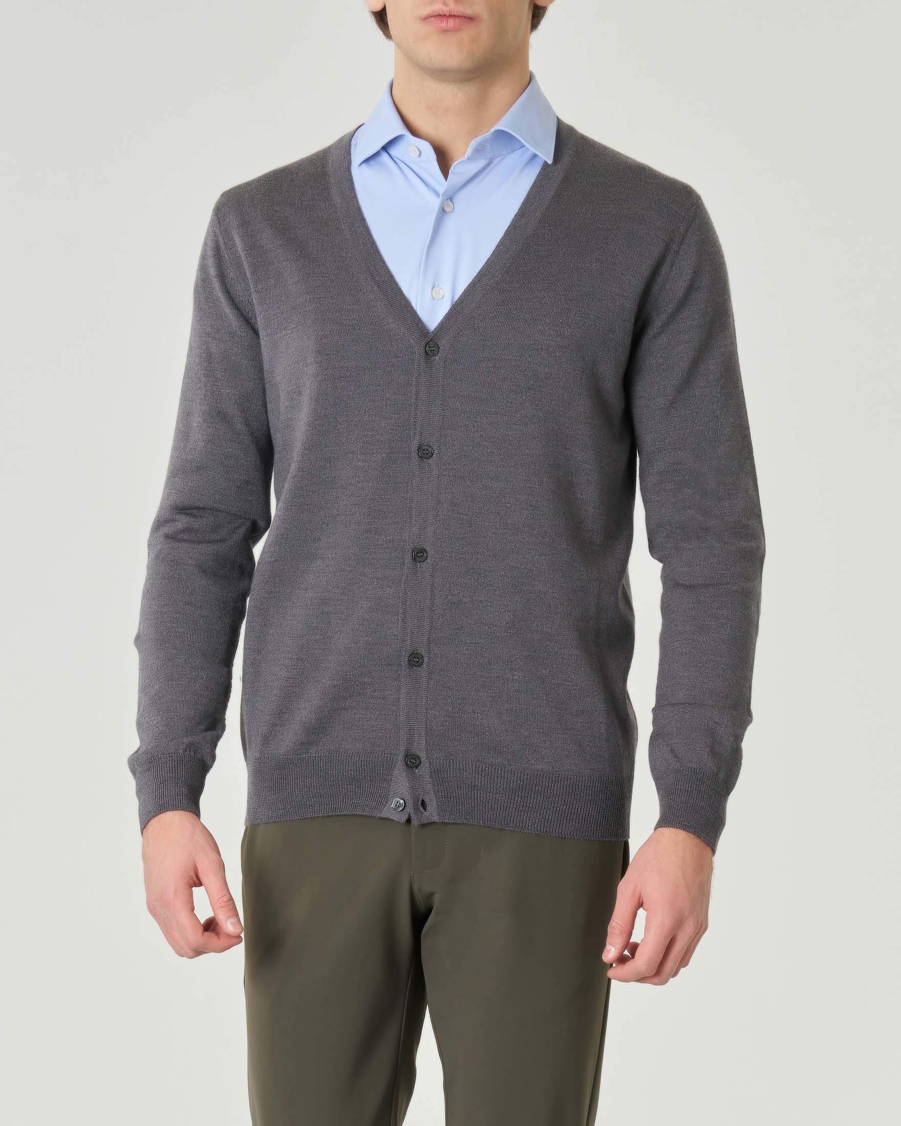Cardigan Pellizzari grigio medio in pura lana merino con chiusura a bottoni