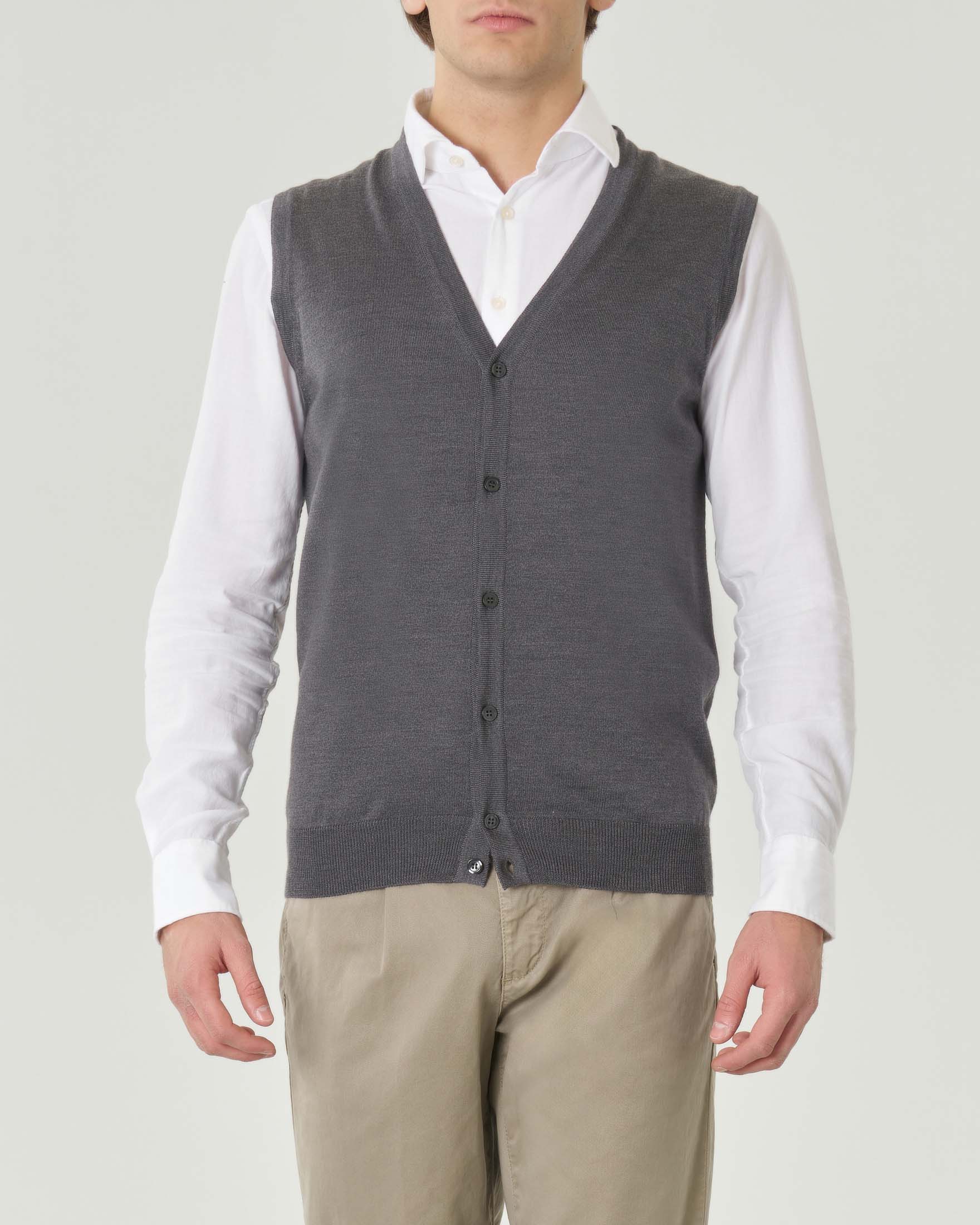 Gilet Pellizzari grigio medio in pura lana merino con chiusura a bottoni