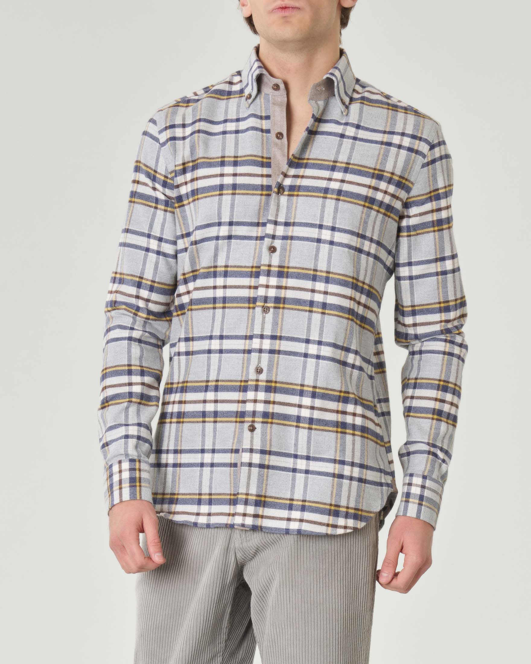 Camicia grigio chiaro a quadri blu e gialli in flanella di puro cotone con colletto botton-down