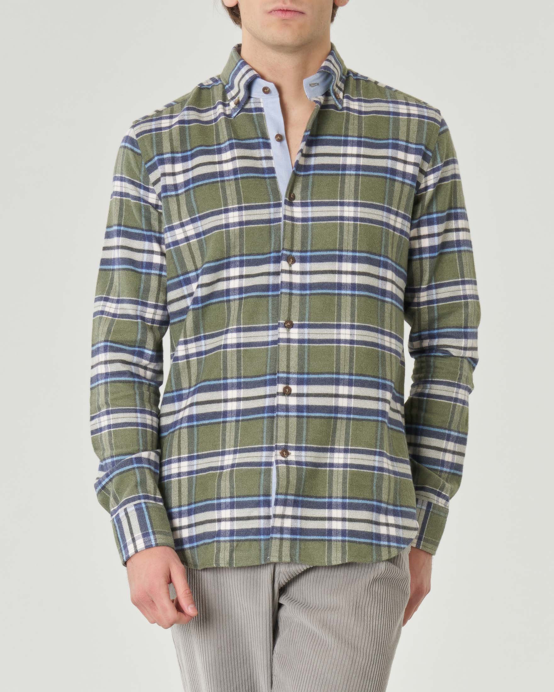 Camicia verde a quadri blu ed ecrù in flanella di puro cotone con colletto botton-down