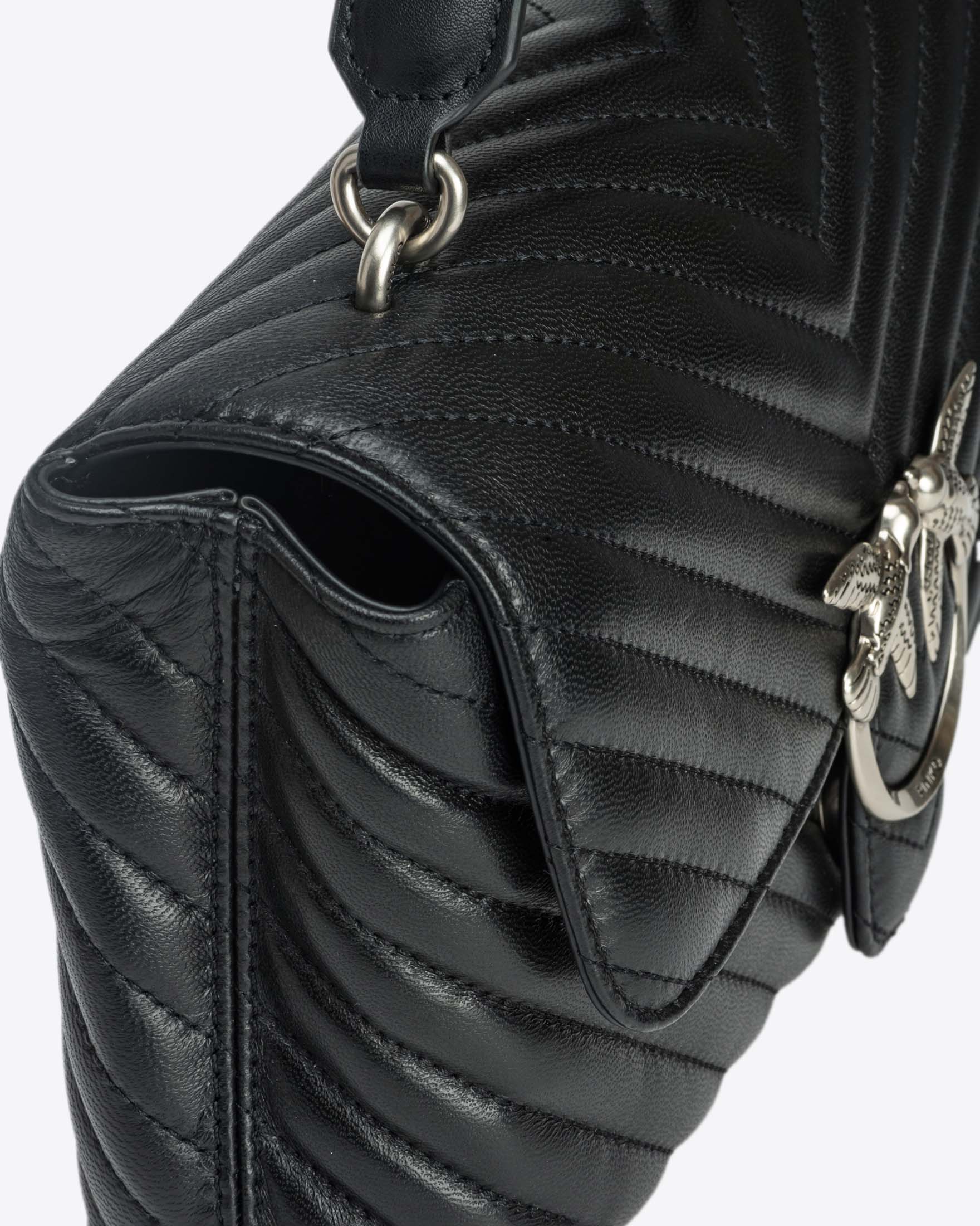 Lady Bag in pelle nera Pinko a motivo chevron e manico a mano e fibbia Love Birds argento