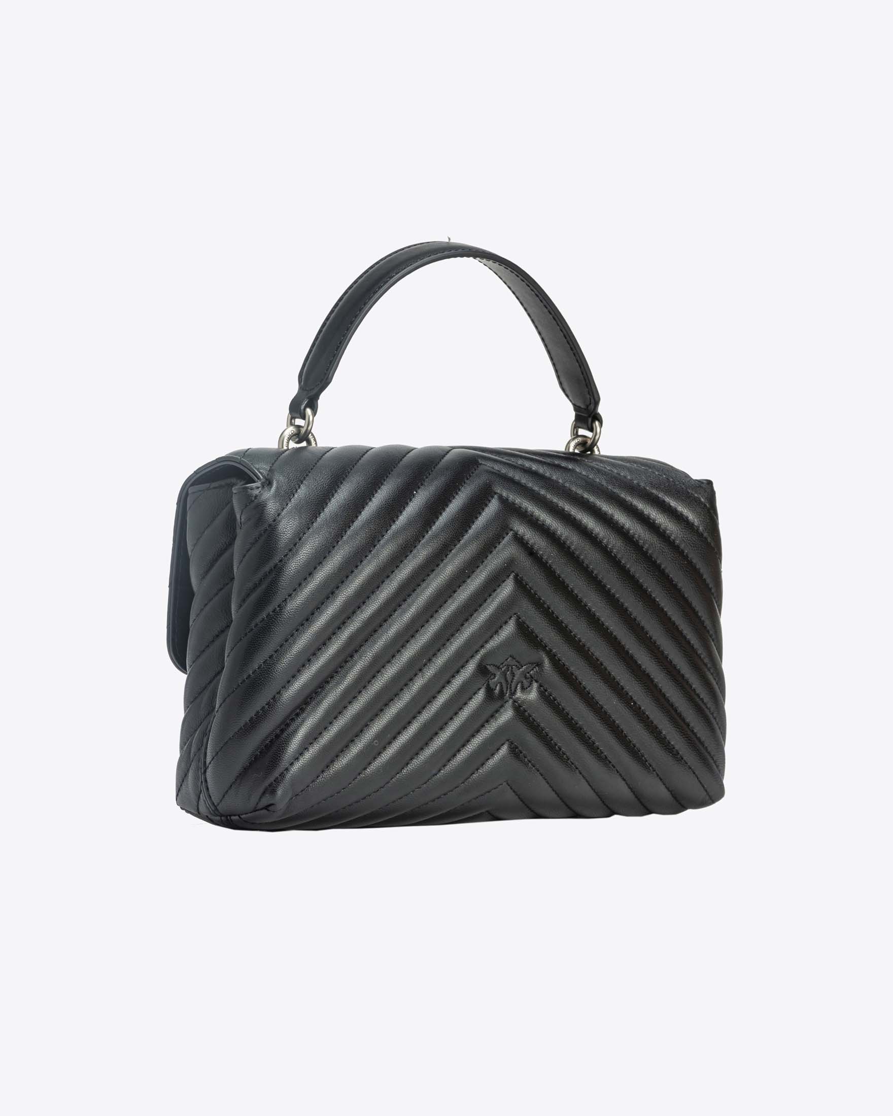 Lady Bag in pelle nera Pinko a motivo chevron e manico a mano e fibbia Love Birds argento
