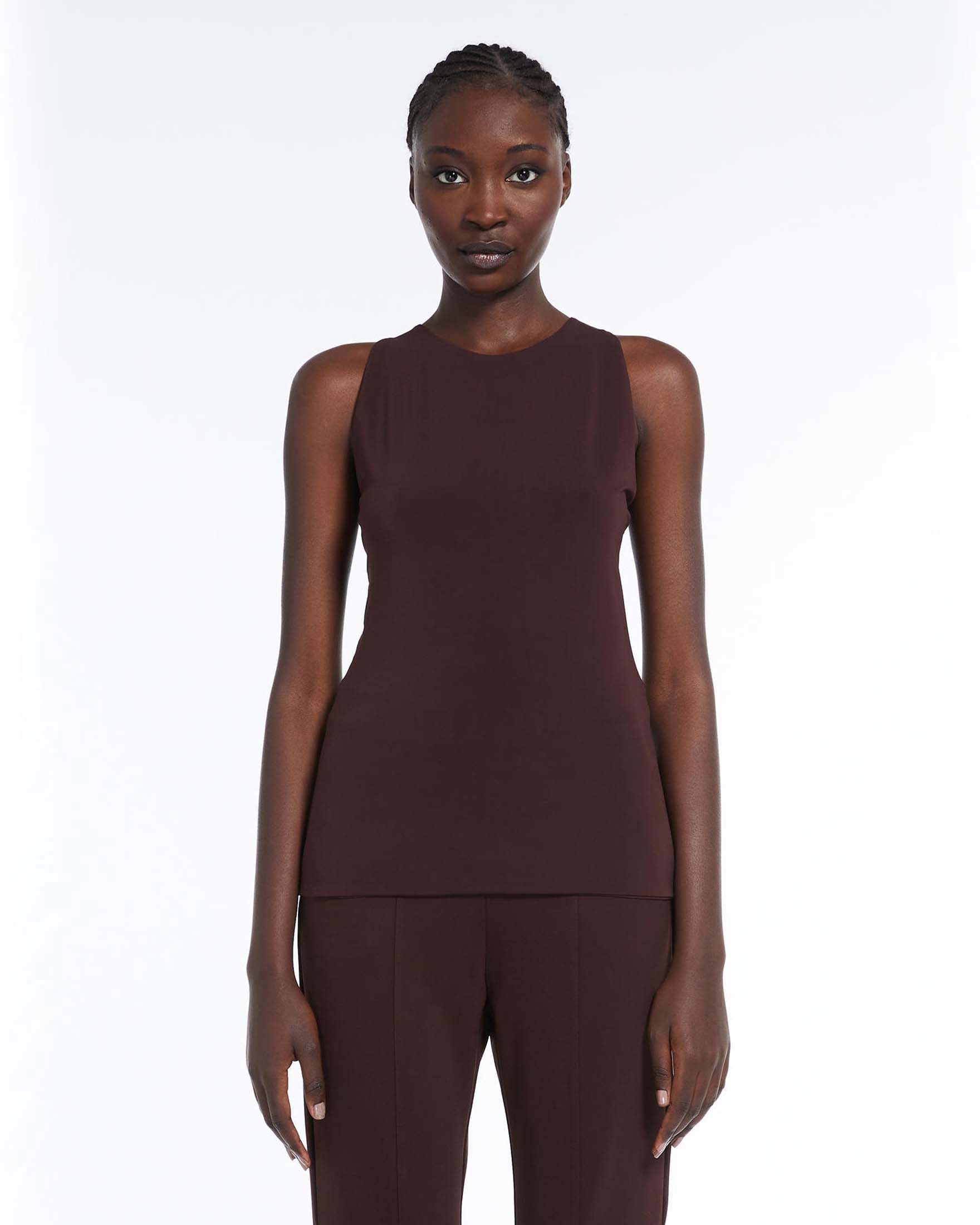 Top bordeaux in jersey di viscosa stretch senza maniche con scollo all'americana