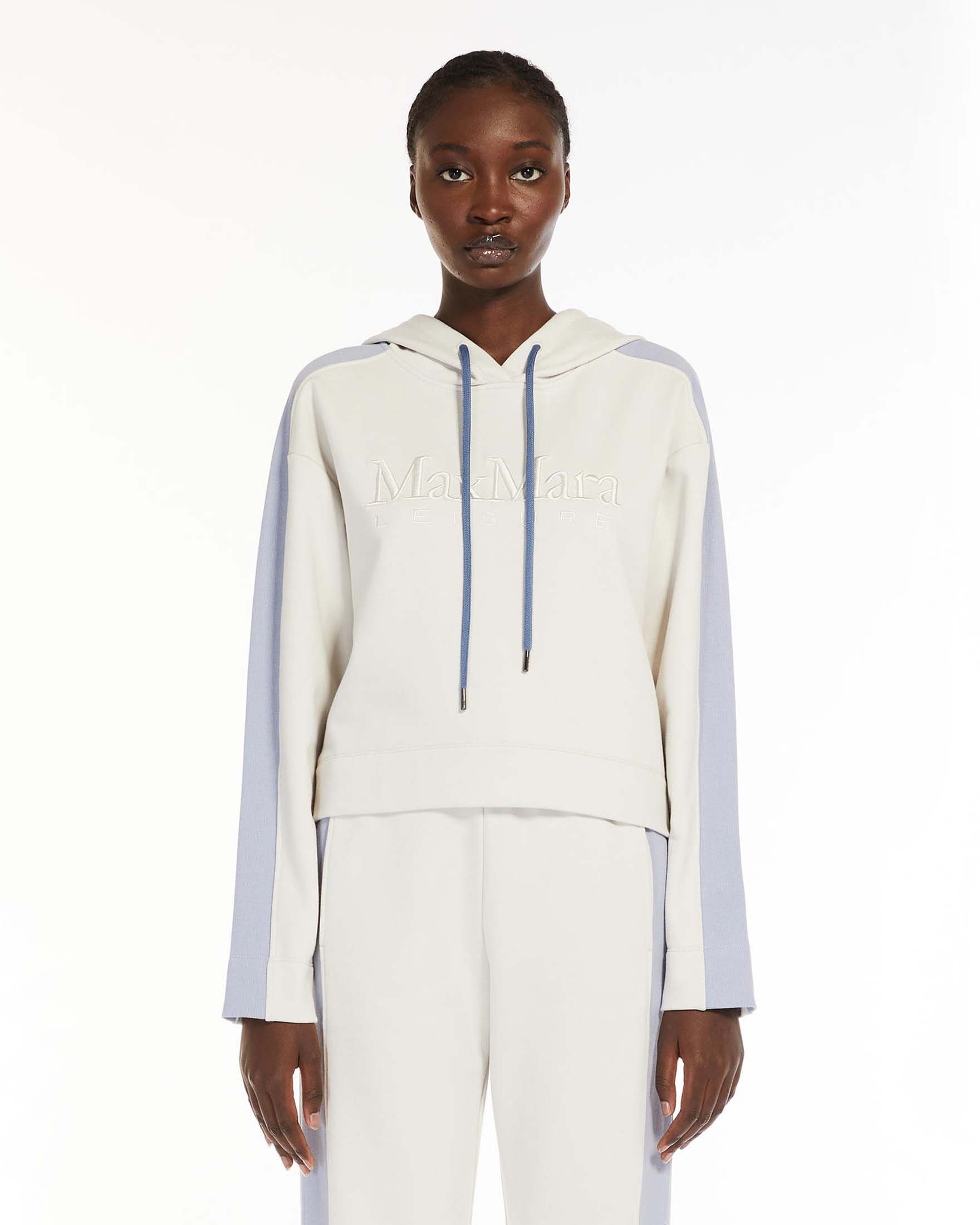 Felpa color gesso in jersey di cotone con scritta logo e bande laterali azzurre