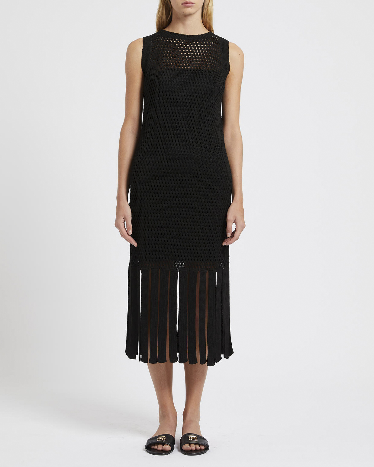 Abito midi nero in crochet di misto viscosa con frange al fondo