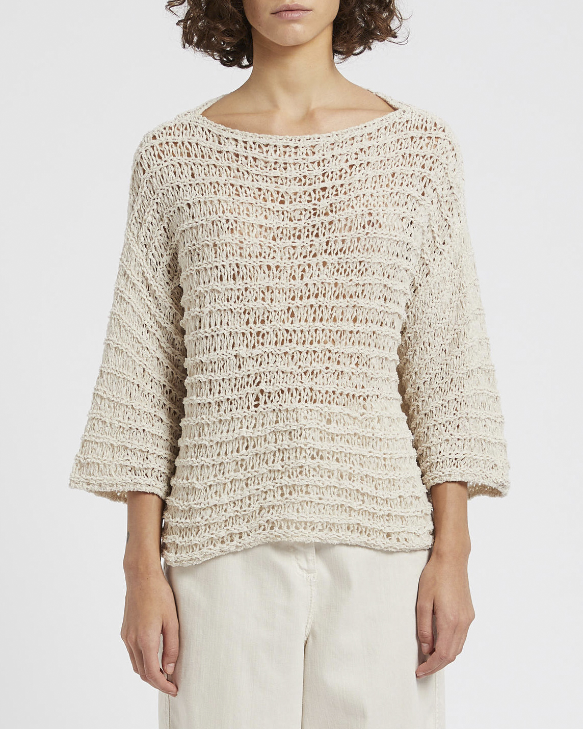 Maglia color gesso in misto cotone a lavorazione uncinetto con maniche tre quarti Linea MONOCHROME