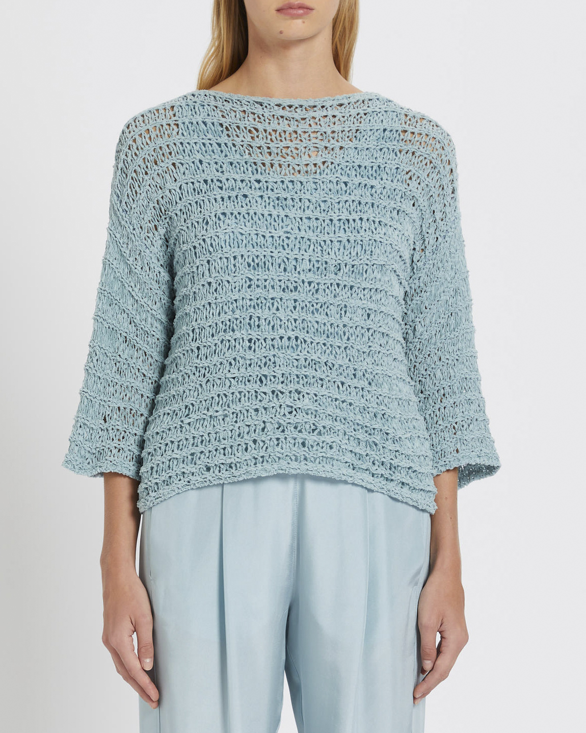 Maglia color acqua in misto cotone a lavorazione uncinetto con maniche tre quarti Linea MONOCHROME