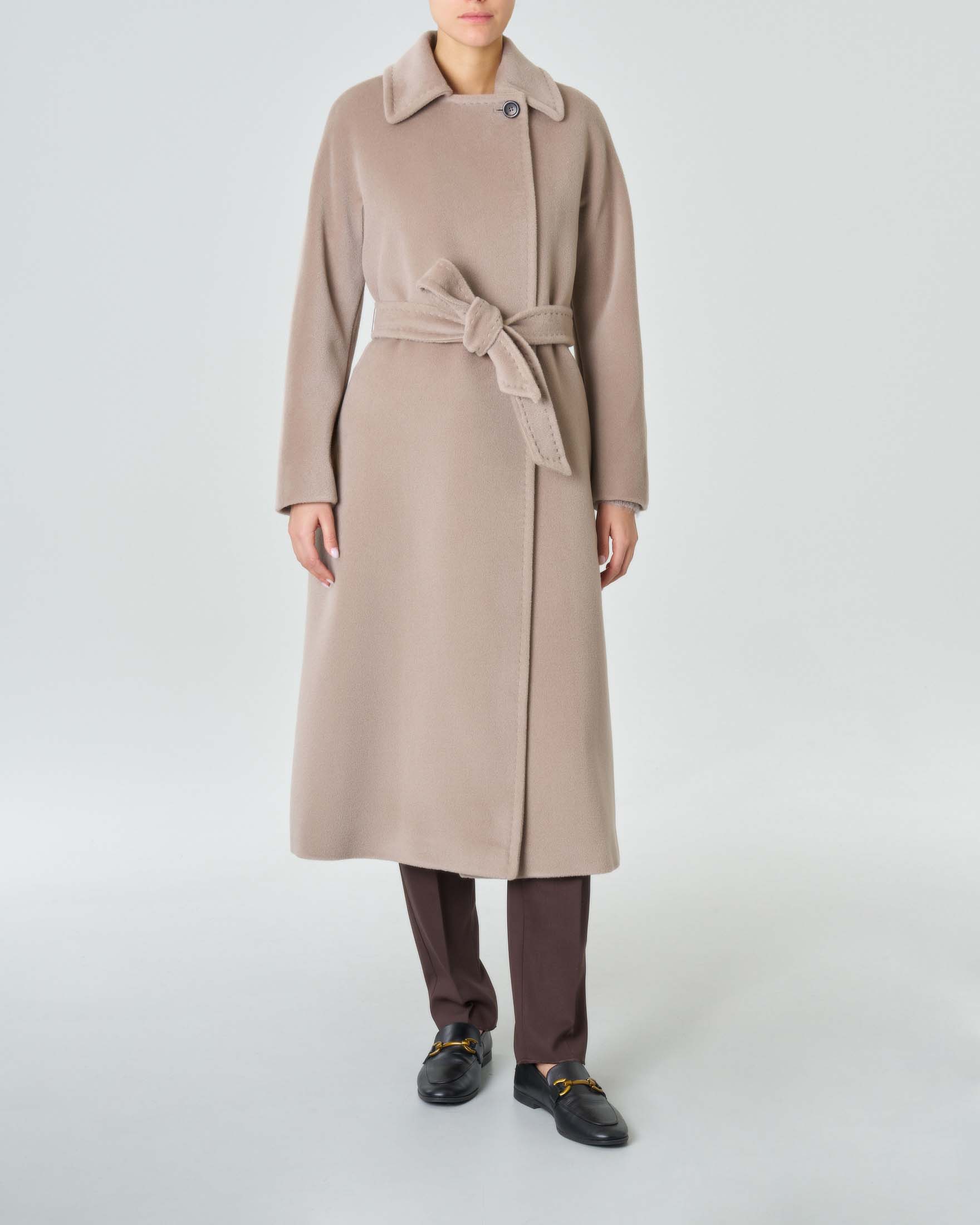 Cappotto lungo a vestaglia in pura lana vergine color grigio beige