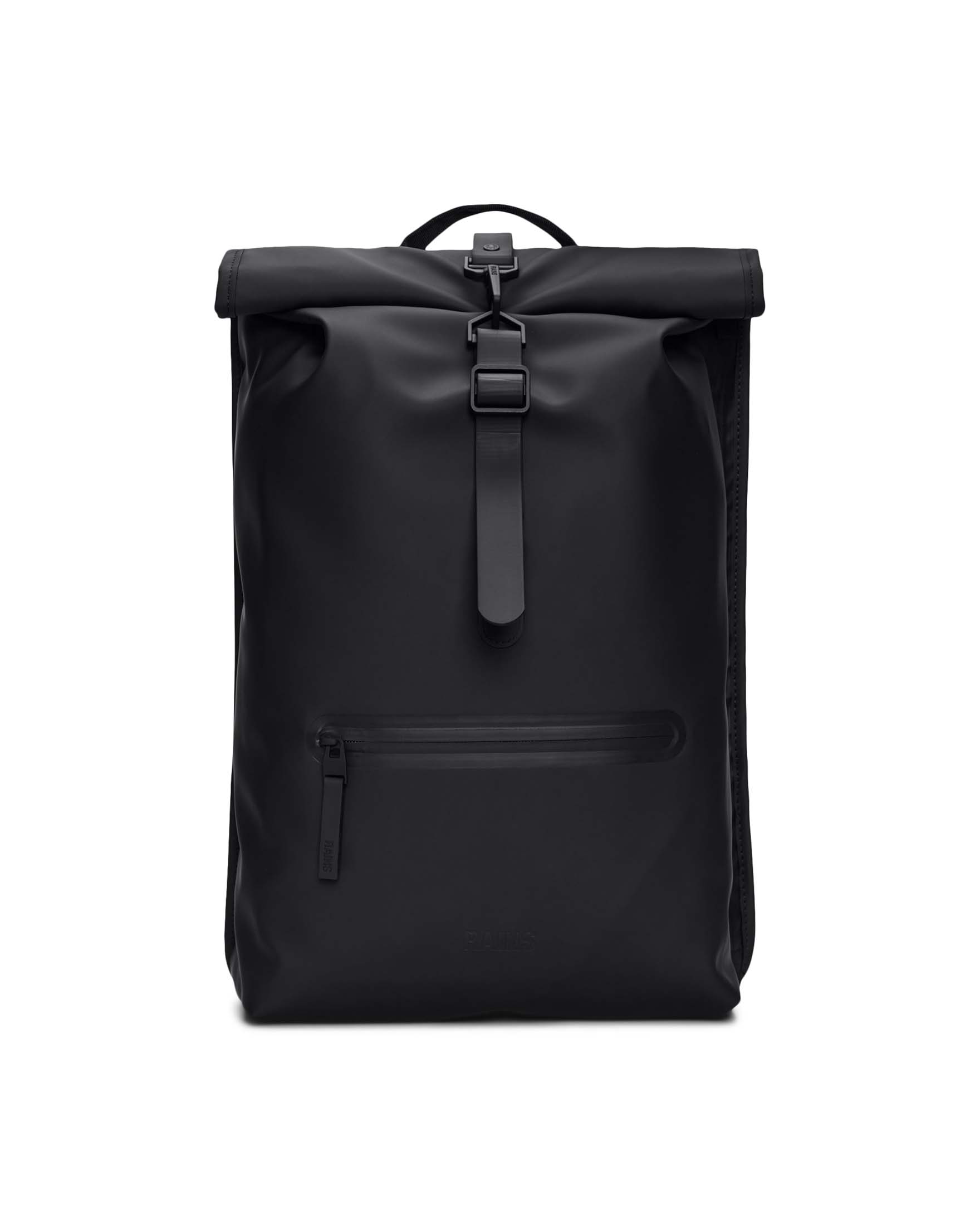 Zaino Rains Rolltop Rucksack nero in tessuto tecnico impermeabile effetto gommato